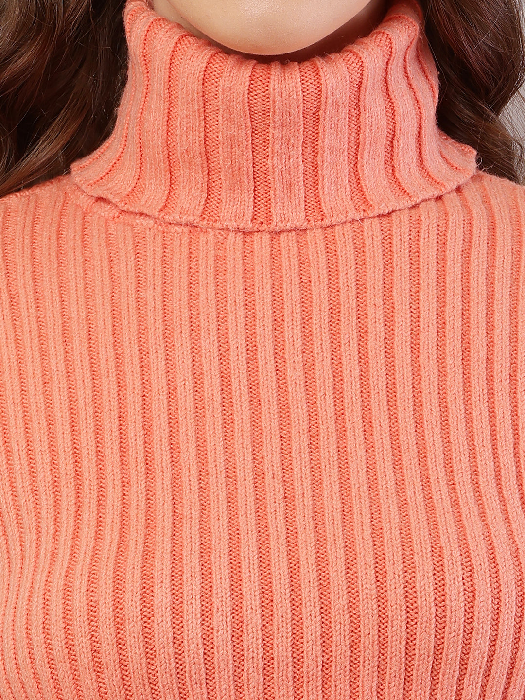 Acrylic Full Sleeve with High-Neck Ribbed Light Orange Sweater