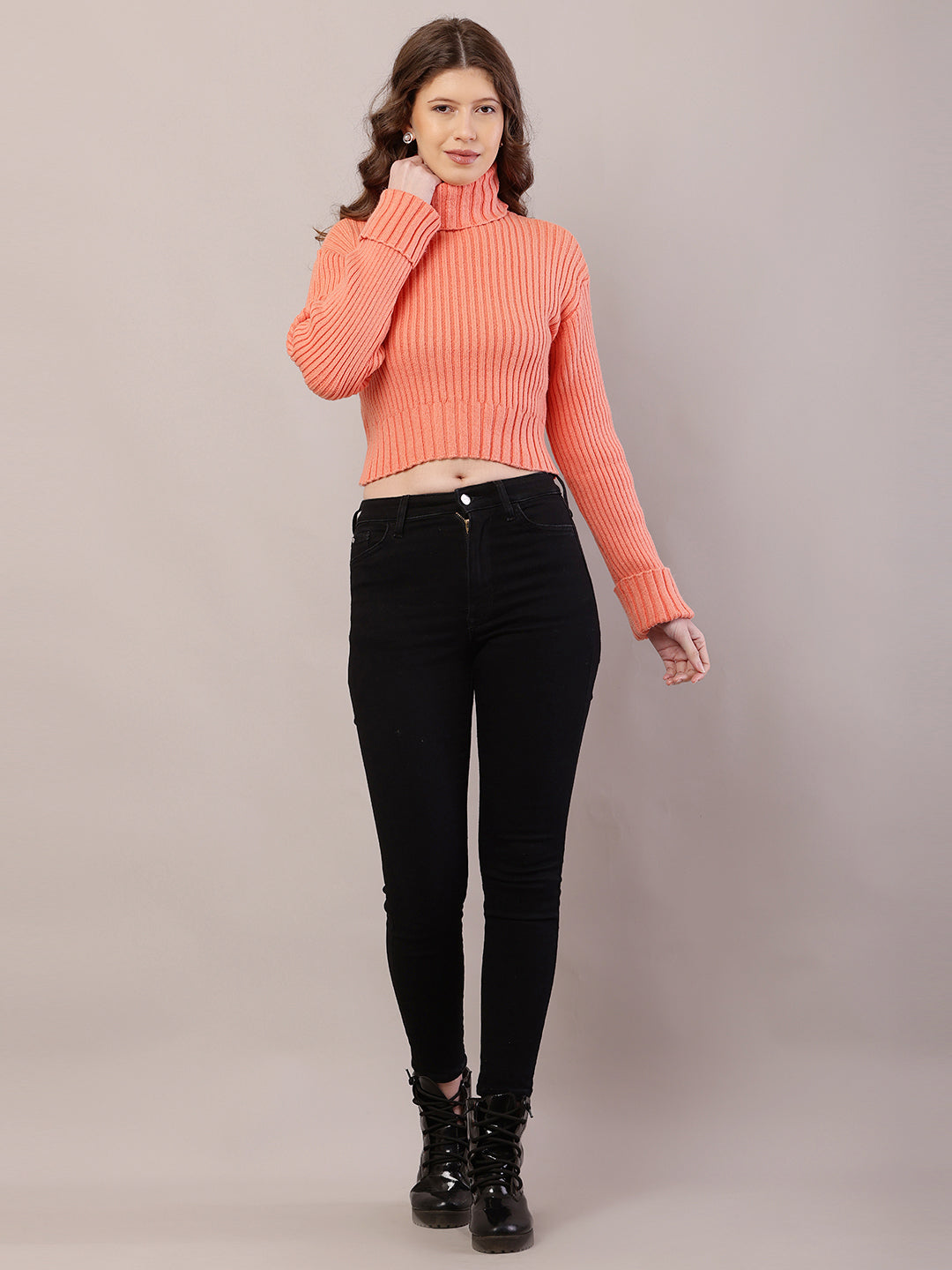 Acrylic Full Sleeve with High-Neck Ribbed Light Orange Sweater