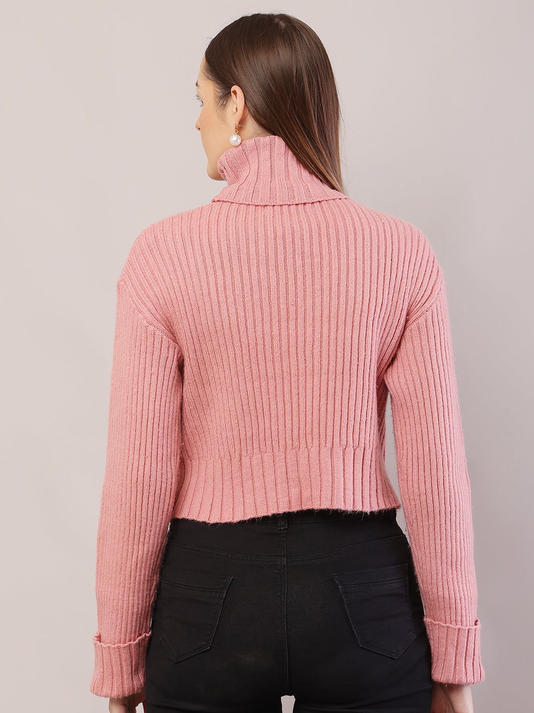 Acrylic Full Sleeve with High-Neck Ribbed Peach Sweater