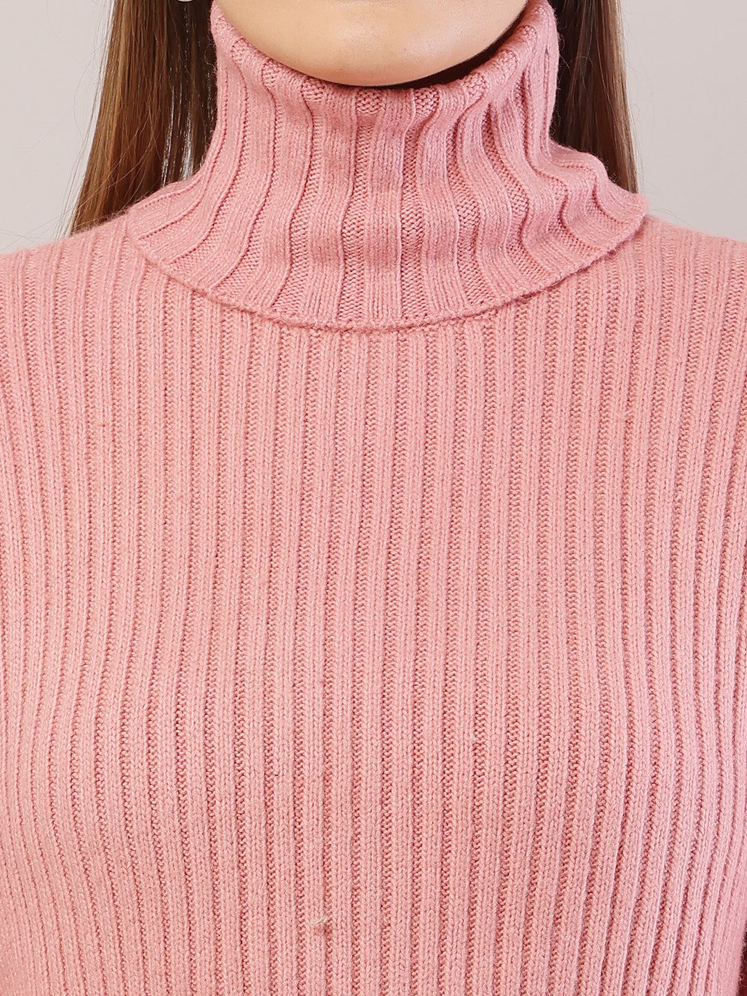Acrylic Full Sleeve with High-Neck Ribbed Peach Sweater