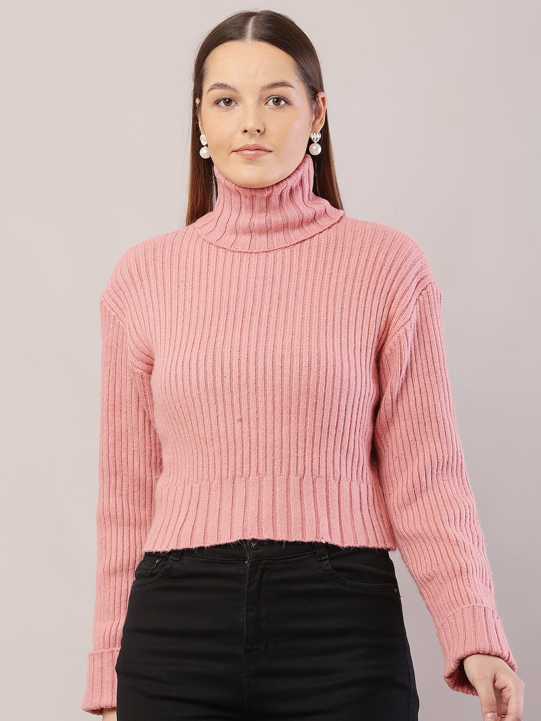 Acrylic Full Sleeve with High-Neck Ribbed Peach Sweater