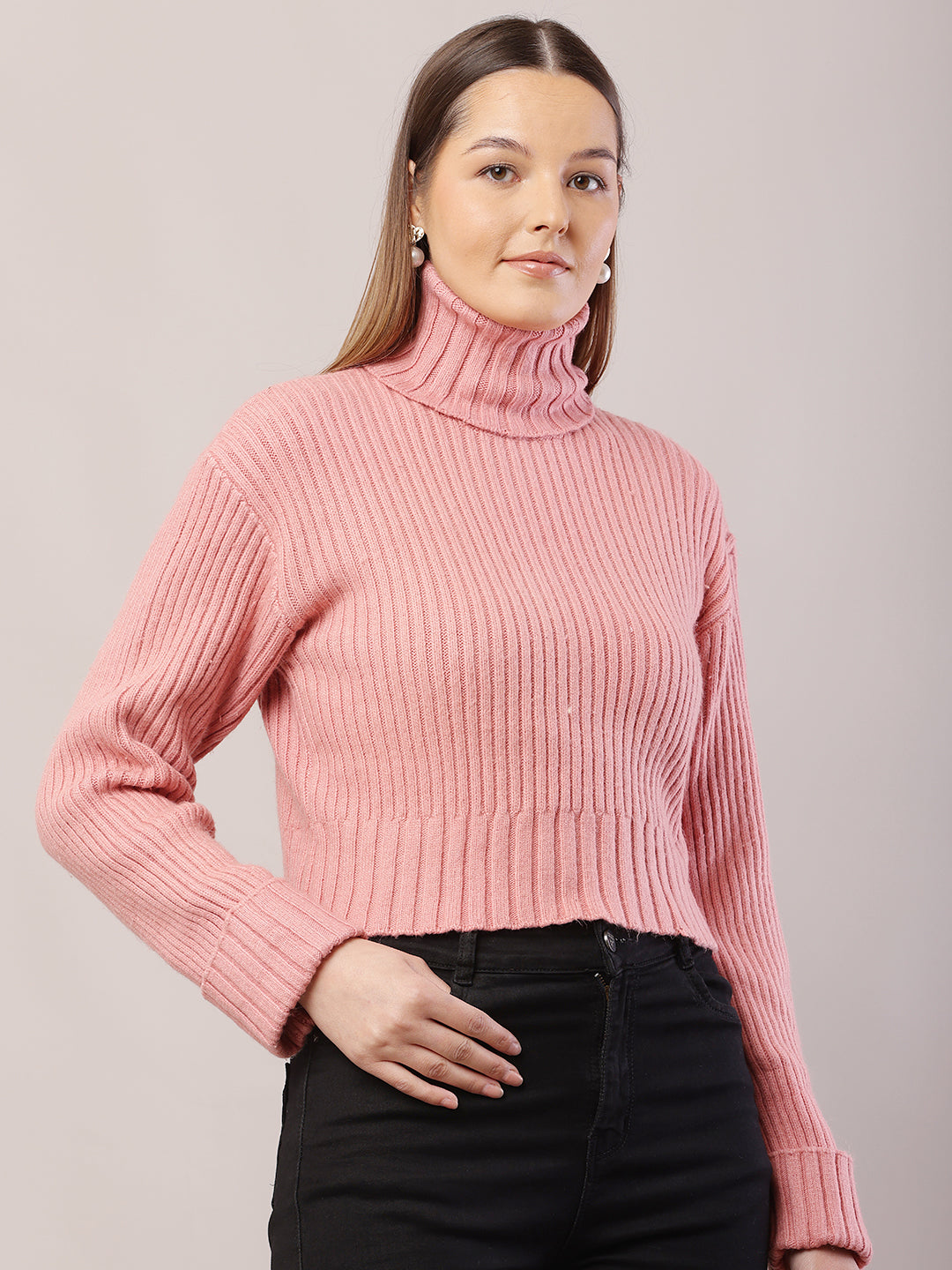 Acrylic Full Sleeve with High-Neck Ribbed Peach Sweater
