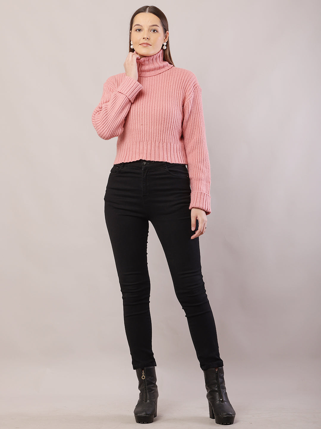 Acrylic Full Sleeve with High-Neck Ribbed Peach Sweater