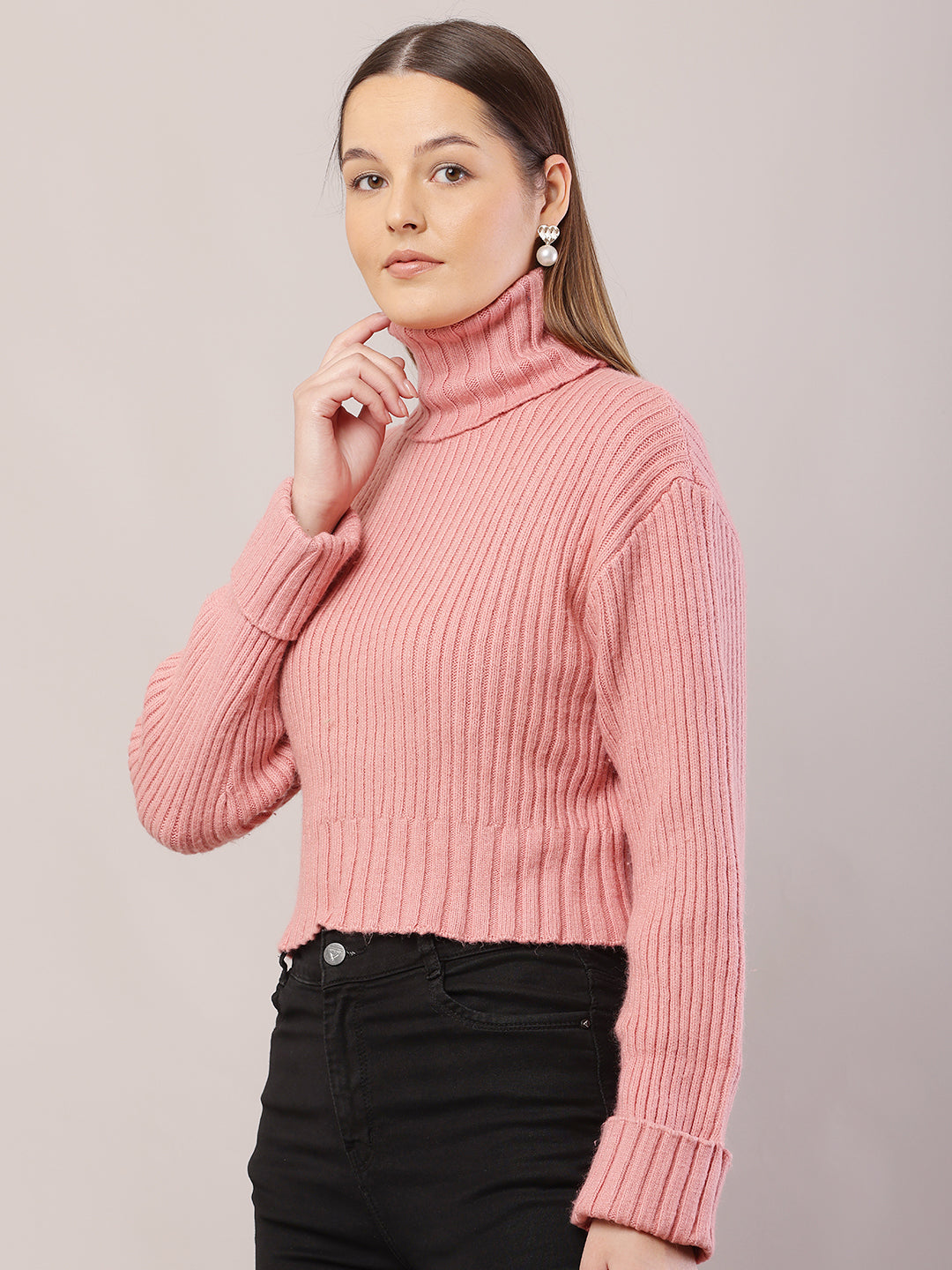 Acrylic Full Sleeve with High-Neck Ribbed Peach Sweater
