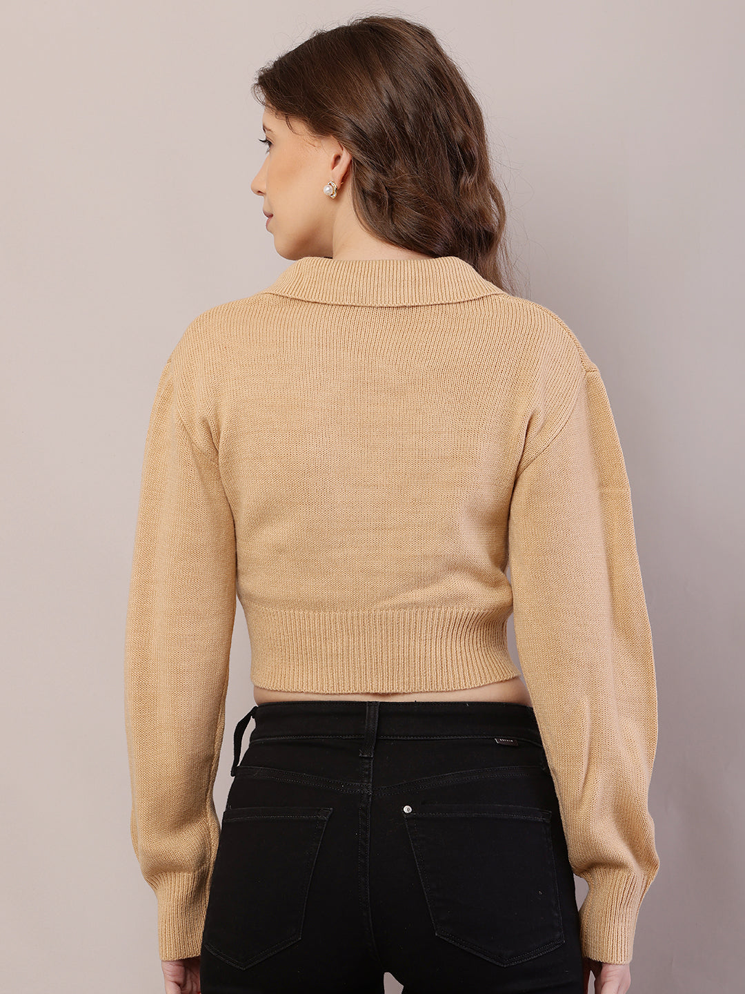 Polyester Full Sleeve with Collared ribbed Light Brown Sweater
