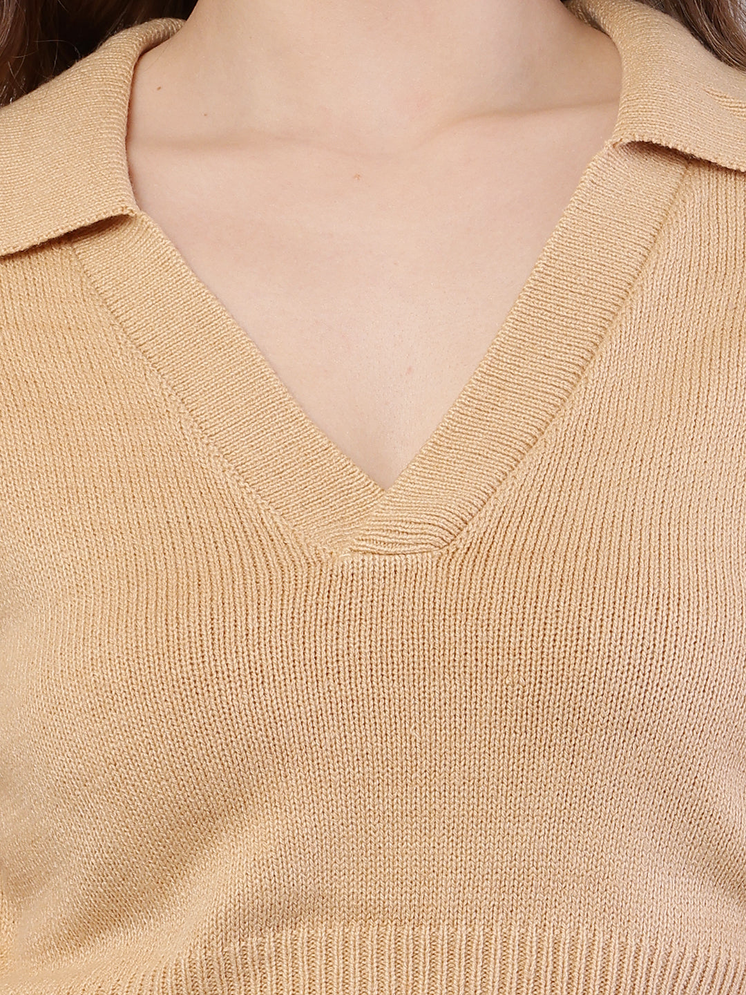 Polyester Full Sleeve with Collared ribbed Light Brown Sweater