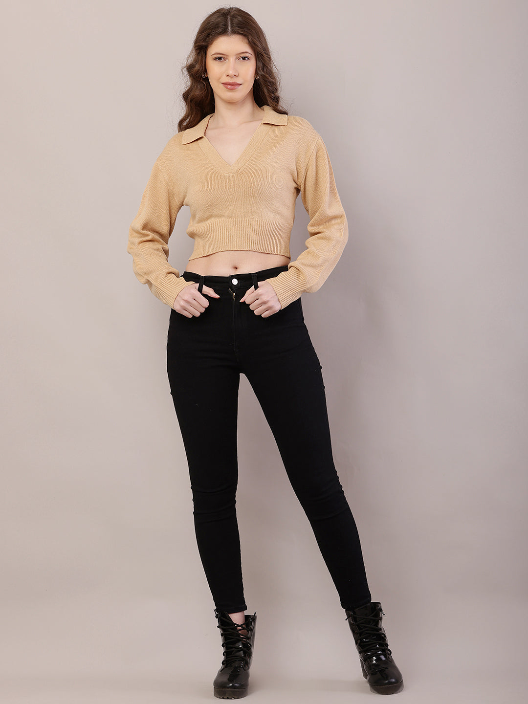 Polyester Full Sleeve with Collared ribbed Light Brown Sweater