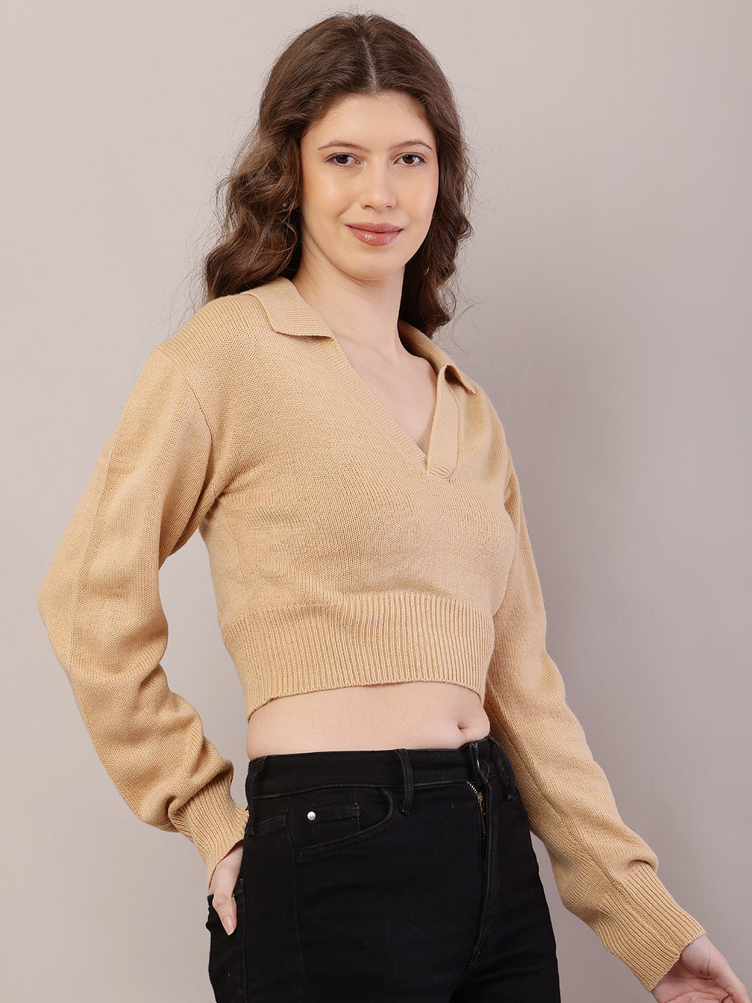 Polyester Full Sleeve with Collared ribbed Light Brown Sweater