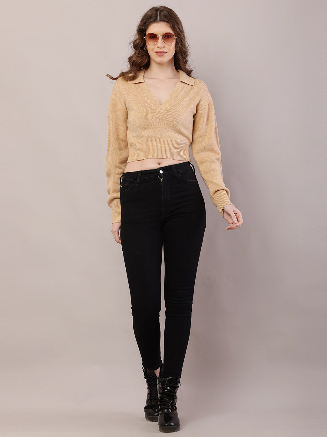 Polyester Full Sleeve with Collared ribbed Light Brown Sweater