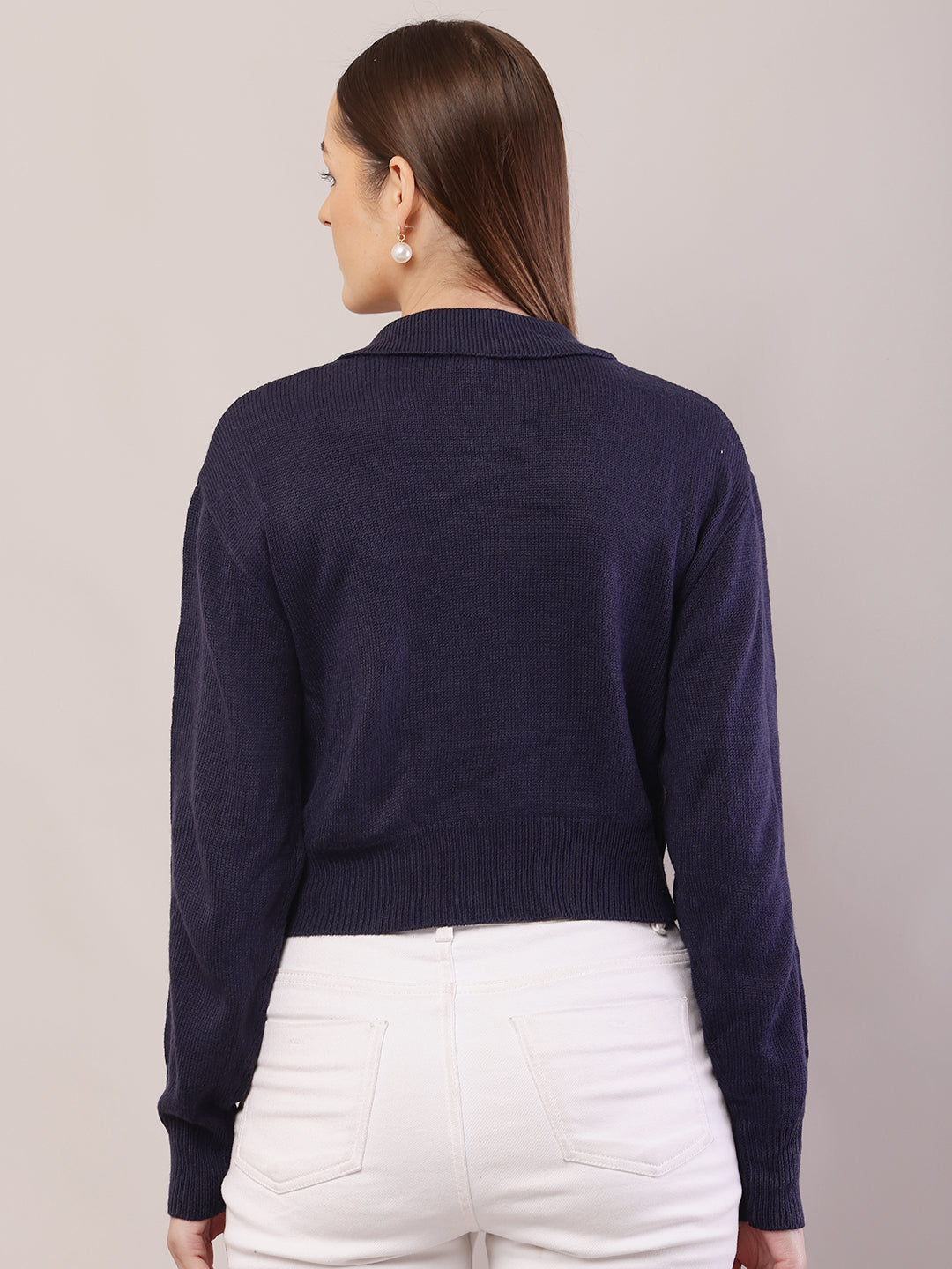 Polyester Full Sleeve with Collared ribbed Dark Blue Sweater