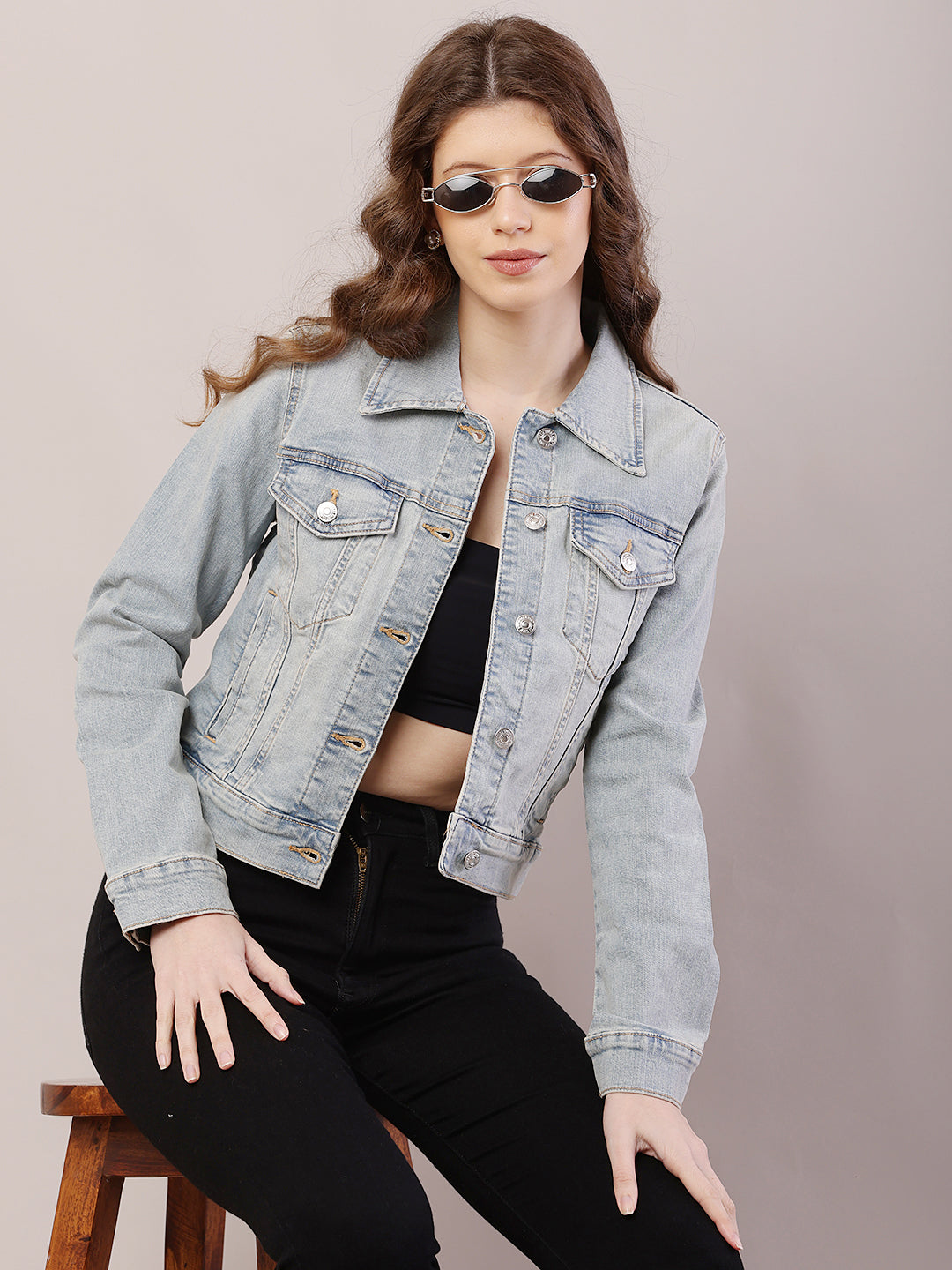 Cotton Denim Full Sleeve with Shirt Collar Light Blue Jacket