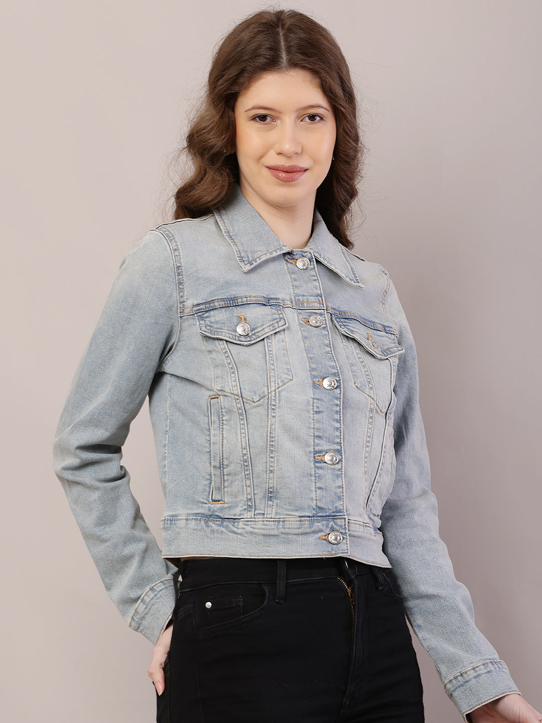 Cotton Denim Full Sleeve with Shirt Collar Light Blue Jacket