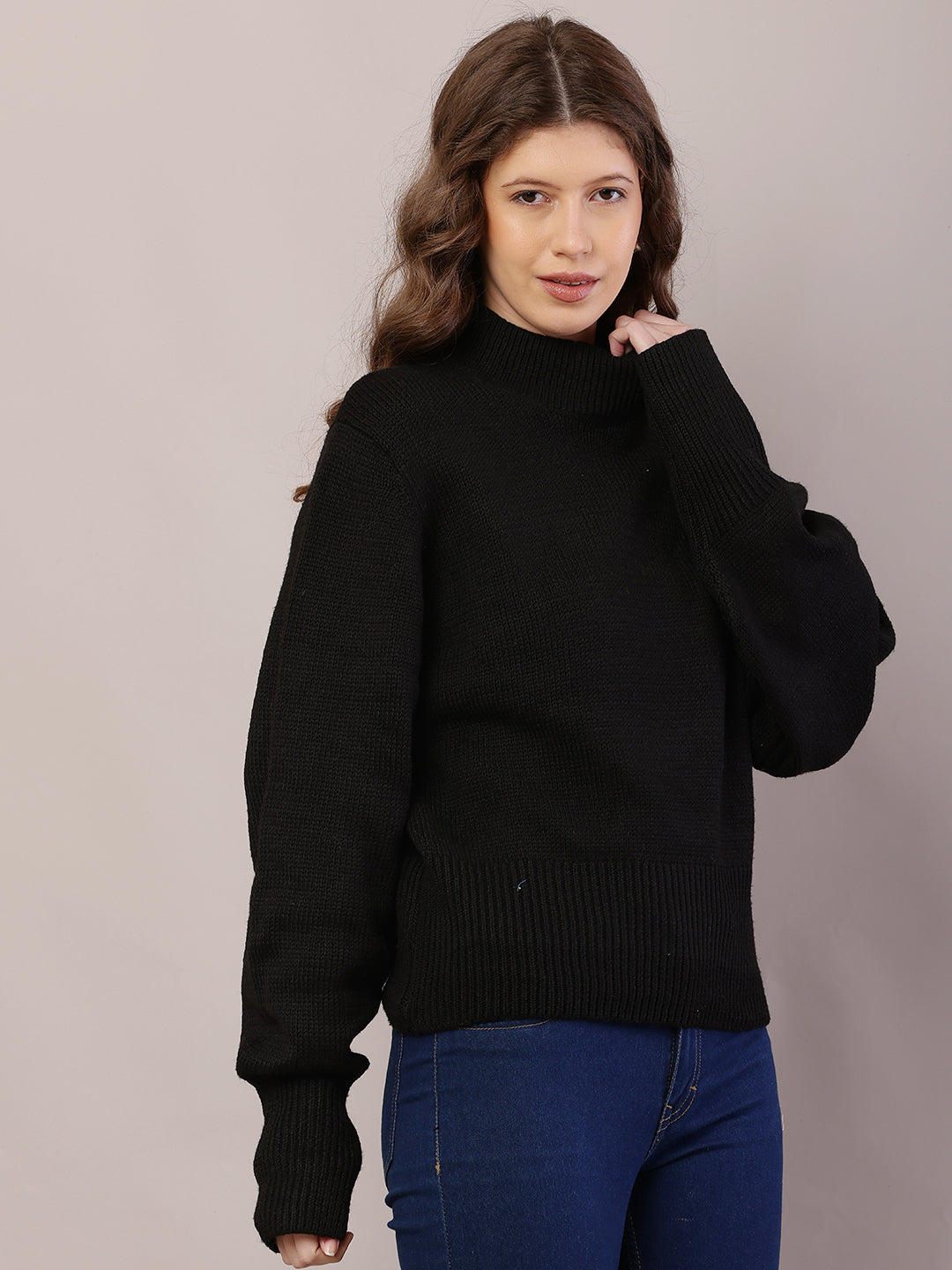 Acrylic Full Sleeve with High-Neck Black Sweater