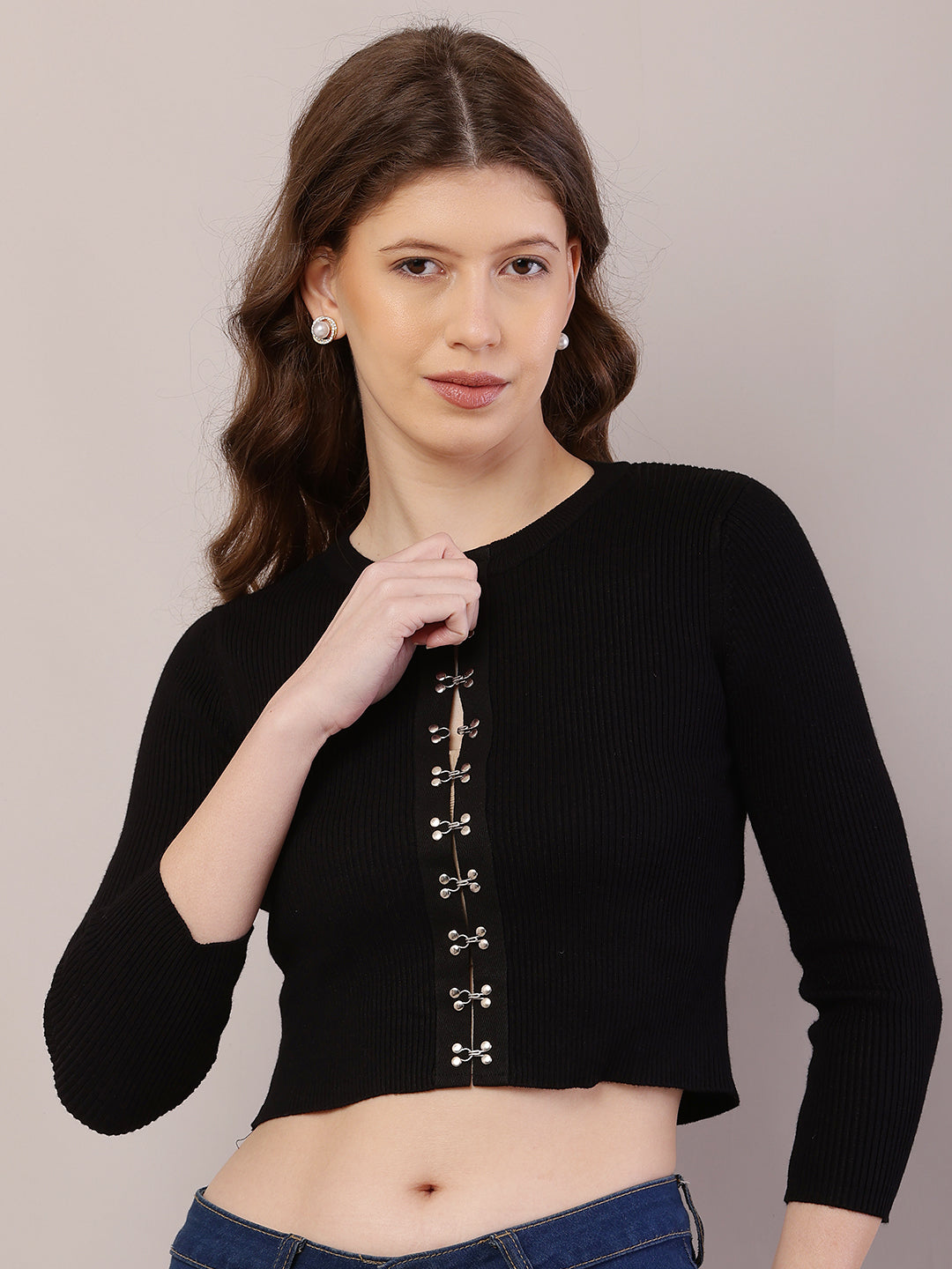 Viscose Round Neck with Full Sleeve Ribbed Crop Black Cardigan