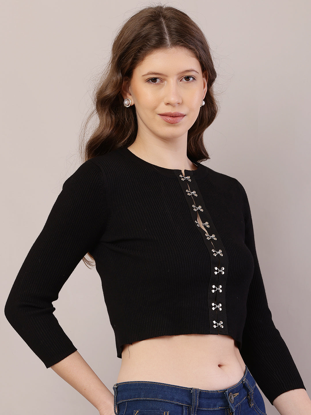 Viscose Round Neck with Full Sleeve Ribbed Crop Black Cardigan