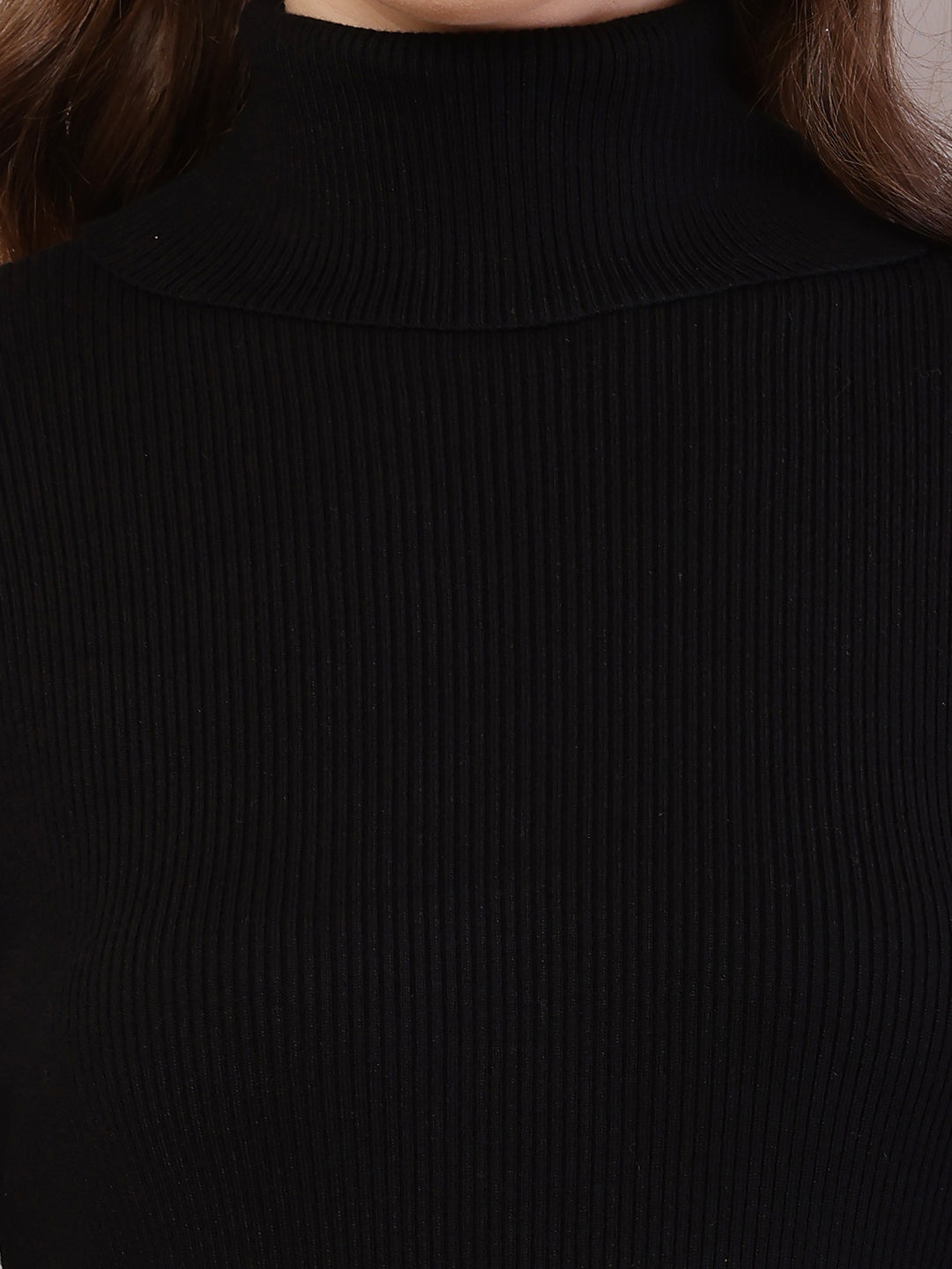 Viscose Full Sleeve with High-Neck Ribbed Black Bodycon Dress
