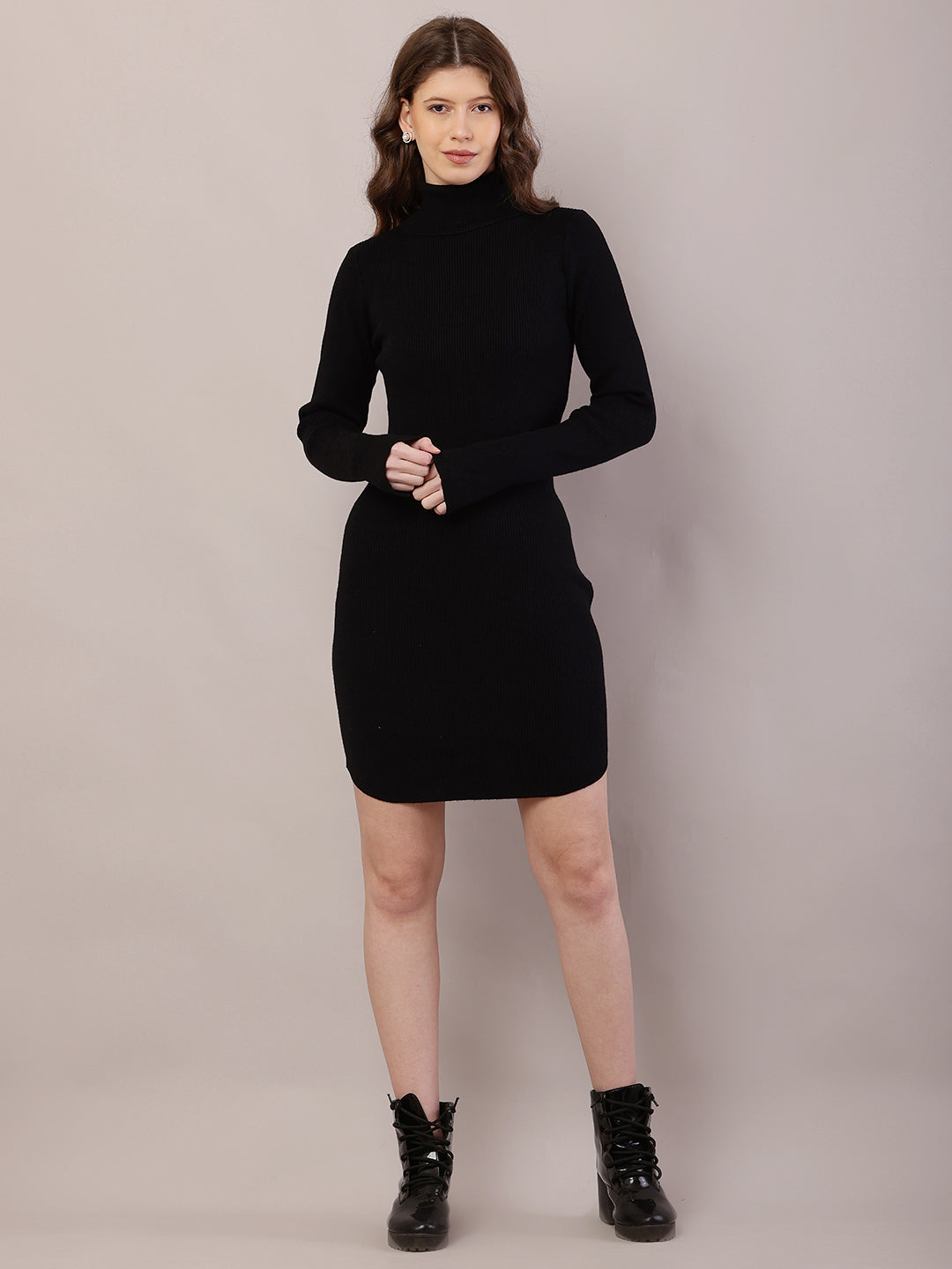 Viscose Full Sleeve with High-Neck Ribbed Black Bodycon Dress