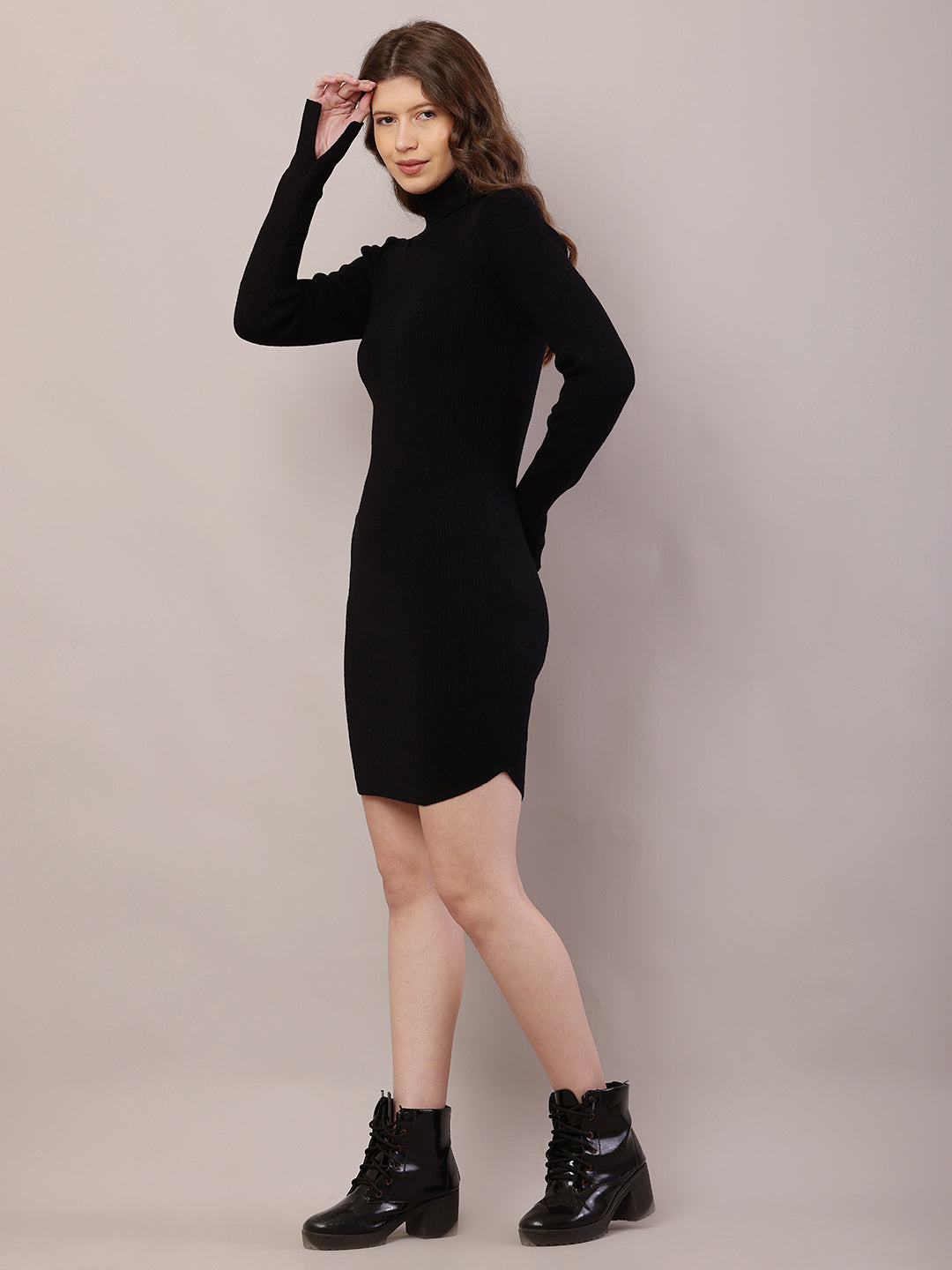 Viscose Full Sleeve with High-Neck Ribbed Black Bodycon Dress