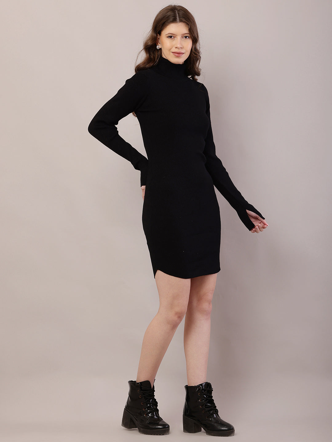 Viscose Full Sleeve with High-Neck Ribbed Black Bodycon Dress