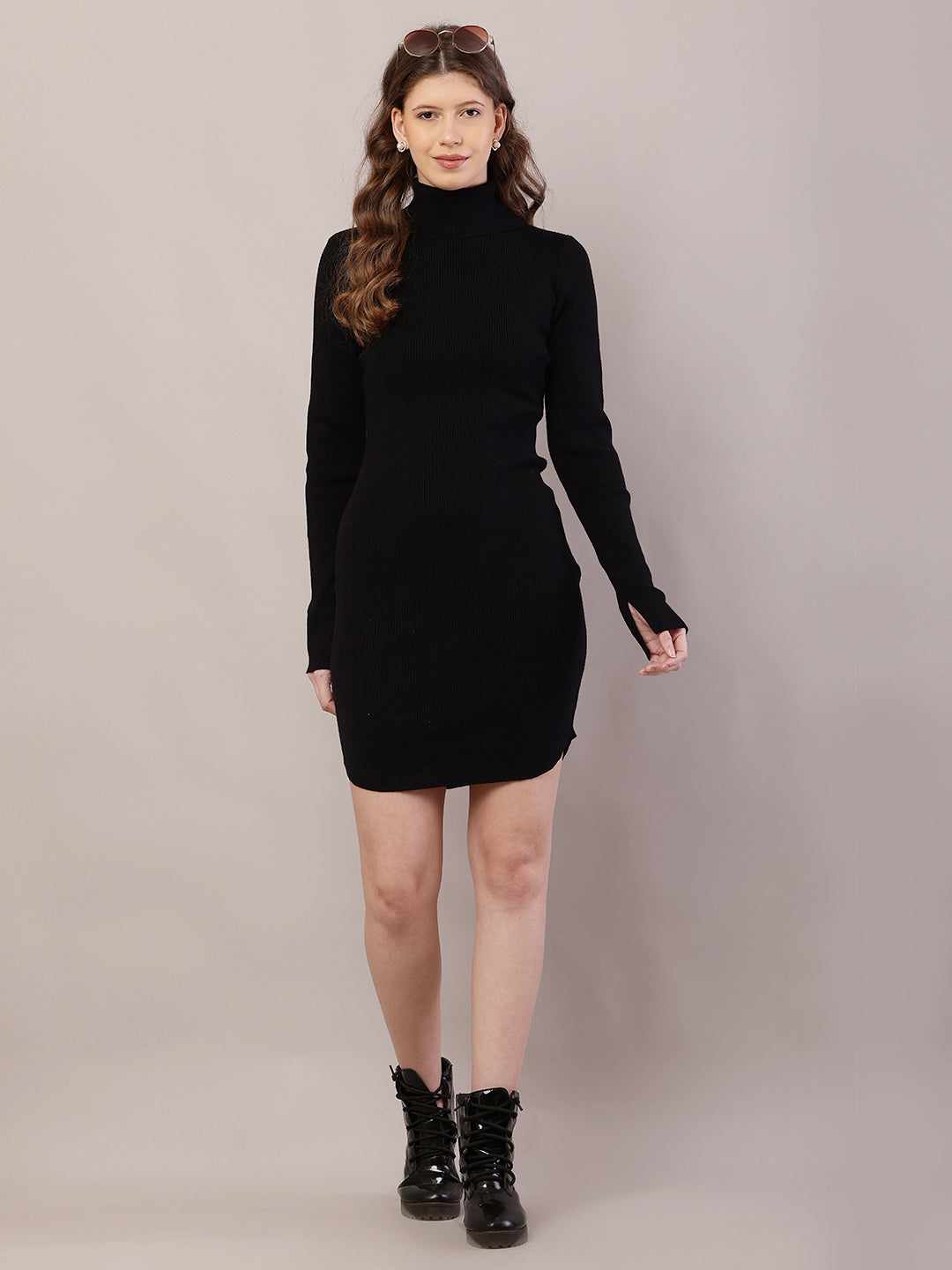 Viscose Full Sleeve with High-Neck Ribbed Black Bodycon Dress