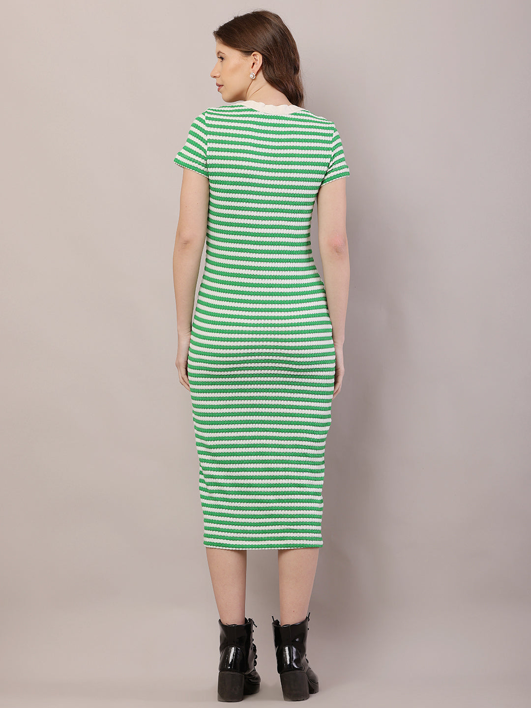 Button Crochet Cotton Green Striped Fitted Midi Dress