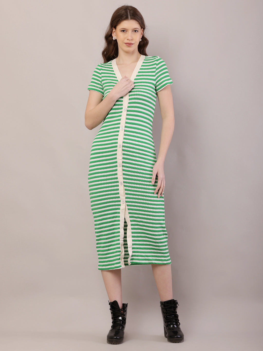 Button Crochet Cotton Green Striped Fitted Midi Dress