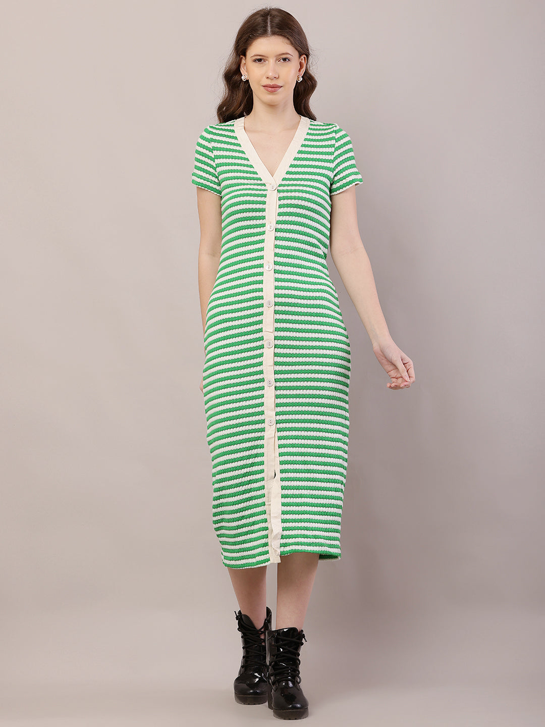 Button Crochet Cotton Green Striped Fitted Midi Dress