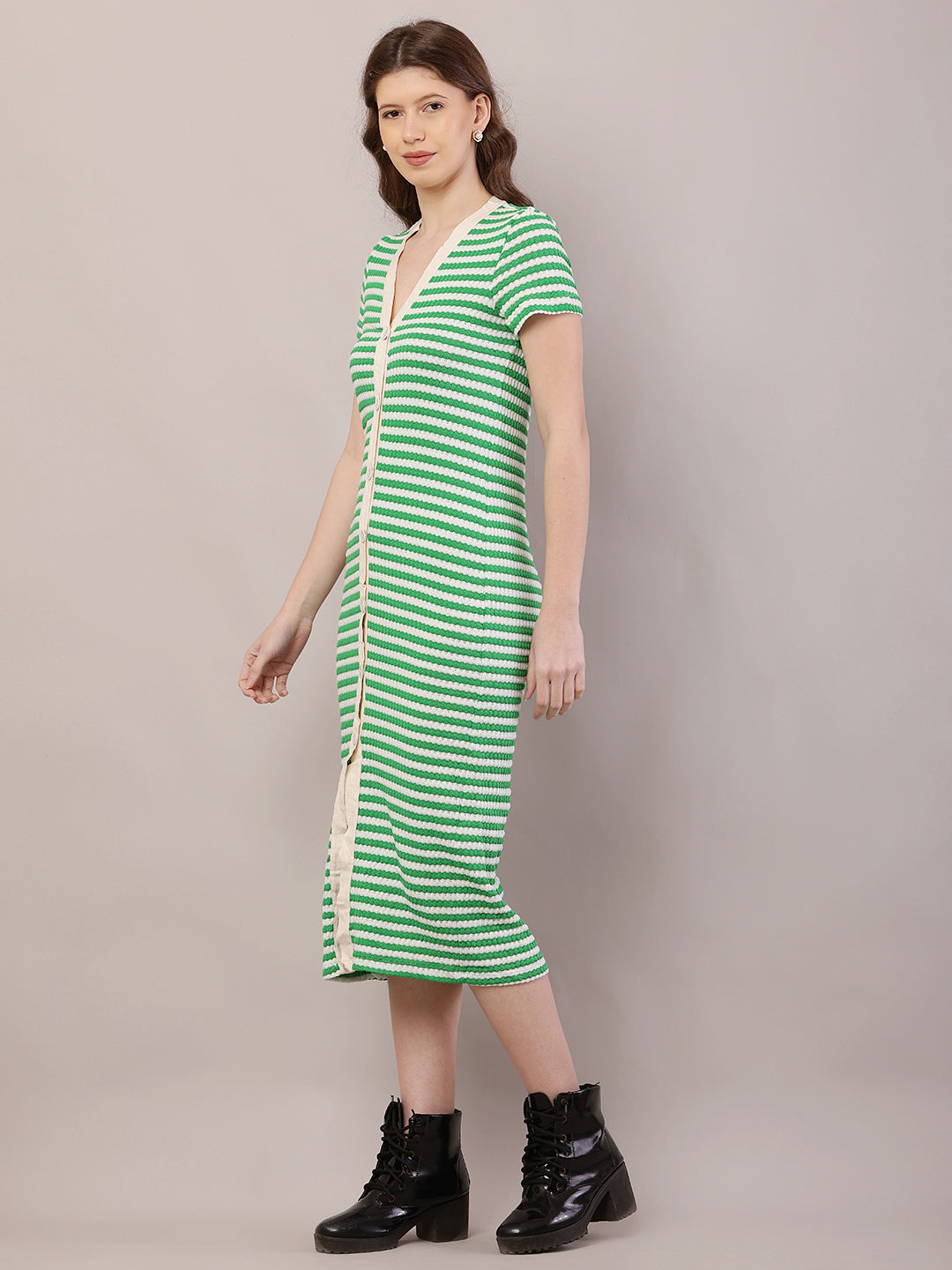 Button Crochet Cotton Green Striped Fitted Midi Dress