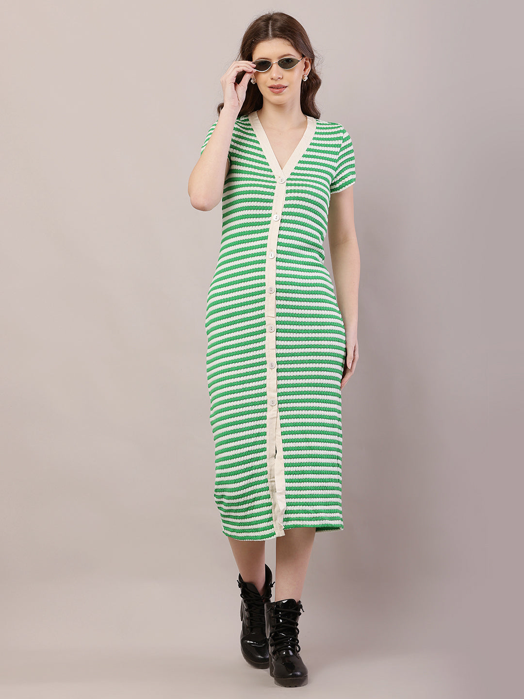 Button Crochet Cotton Green Striped Fitted Midi Dress