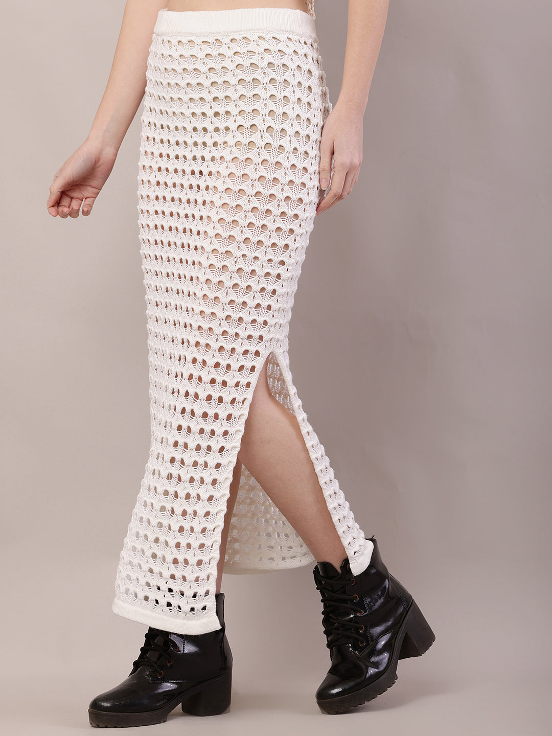 Polyester Mesh Crochet Side Slit Cut off-White Sexy Sheer Maxi Skirt