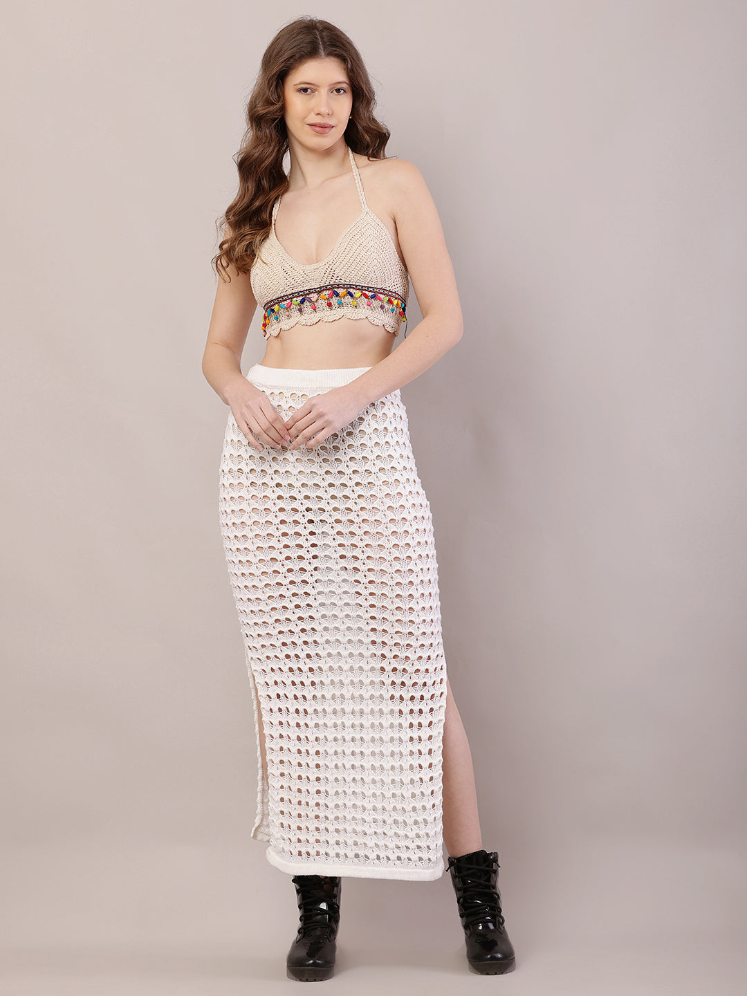 Polyester Mesh Crochet Side Slit Cut off-White Sexy Sheer Maxi Skirt