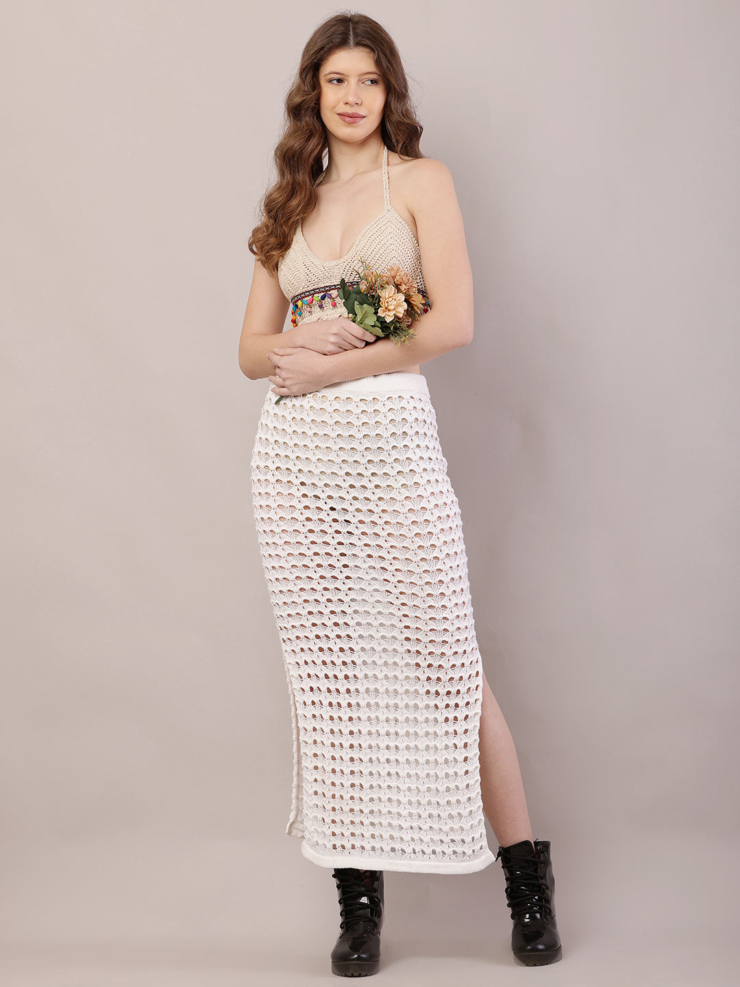 Polyester Mesh Crochet Side Slit Cut off-White Sexy Sheer Maxi Skirt