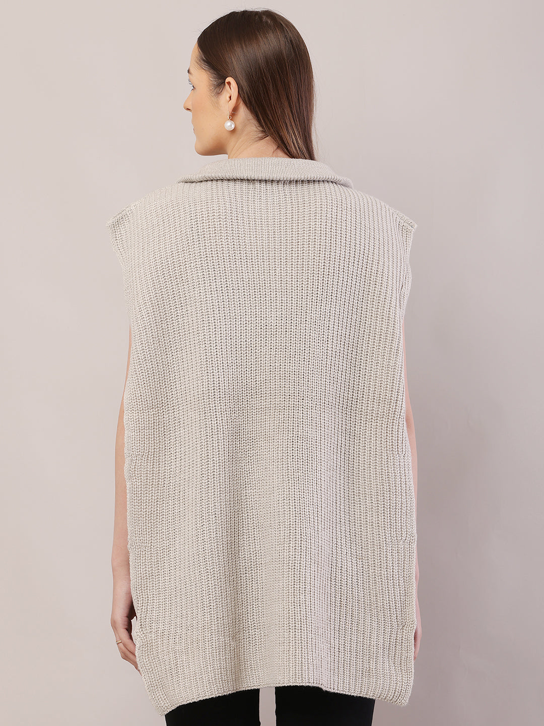 Acrylic Sleeveless with Shirt Collar loose-fitting Grey Sweater