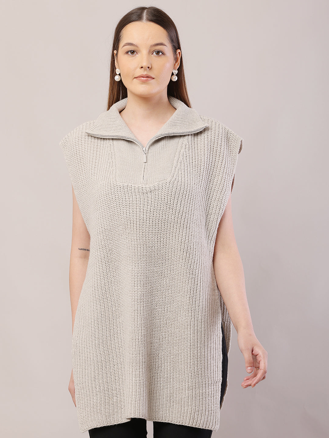 Acrylic Sleeveless with Shirt Collar loose-fitting Grey Sweater