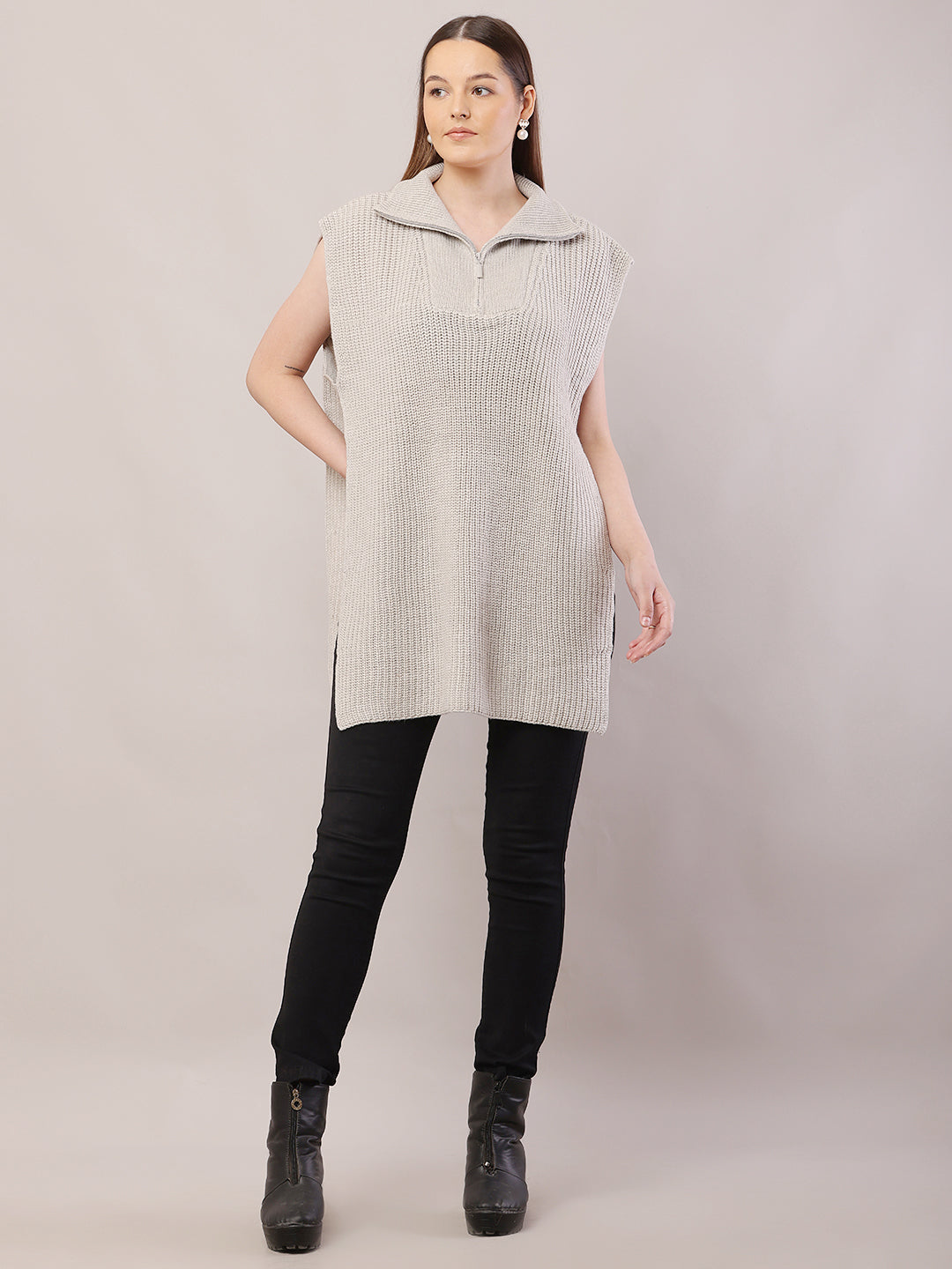 Acrylic Sleeveless with Shirt Collar loose-fitting Grey Sweater