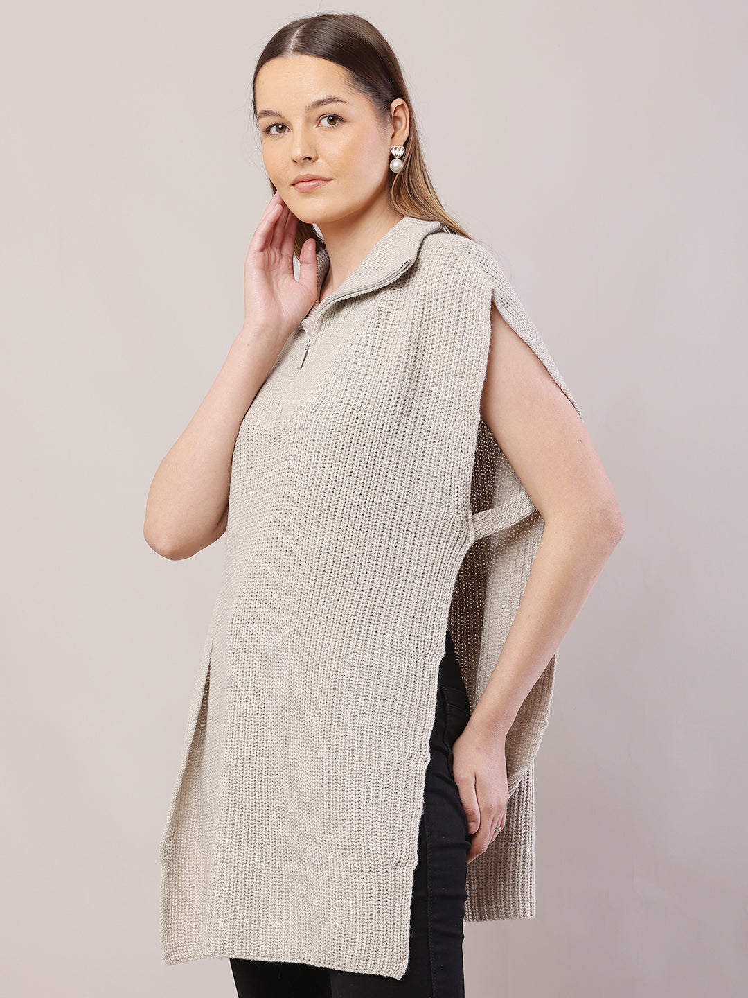 Acrylic Sleeveless with Shirt Collar loose-fitting Grey Sweater
