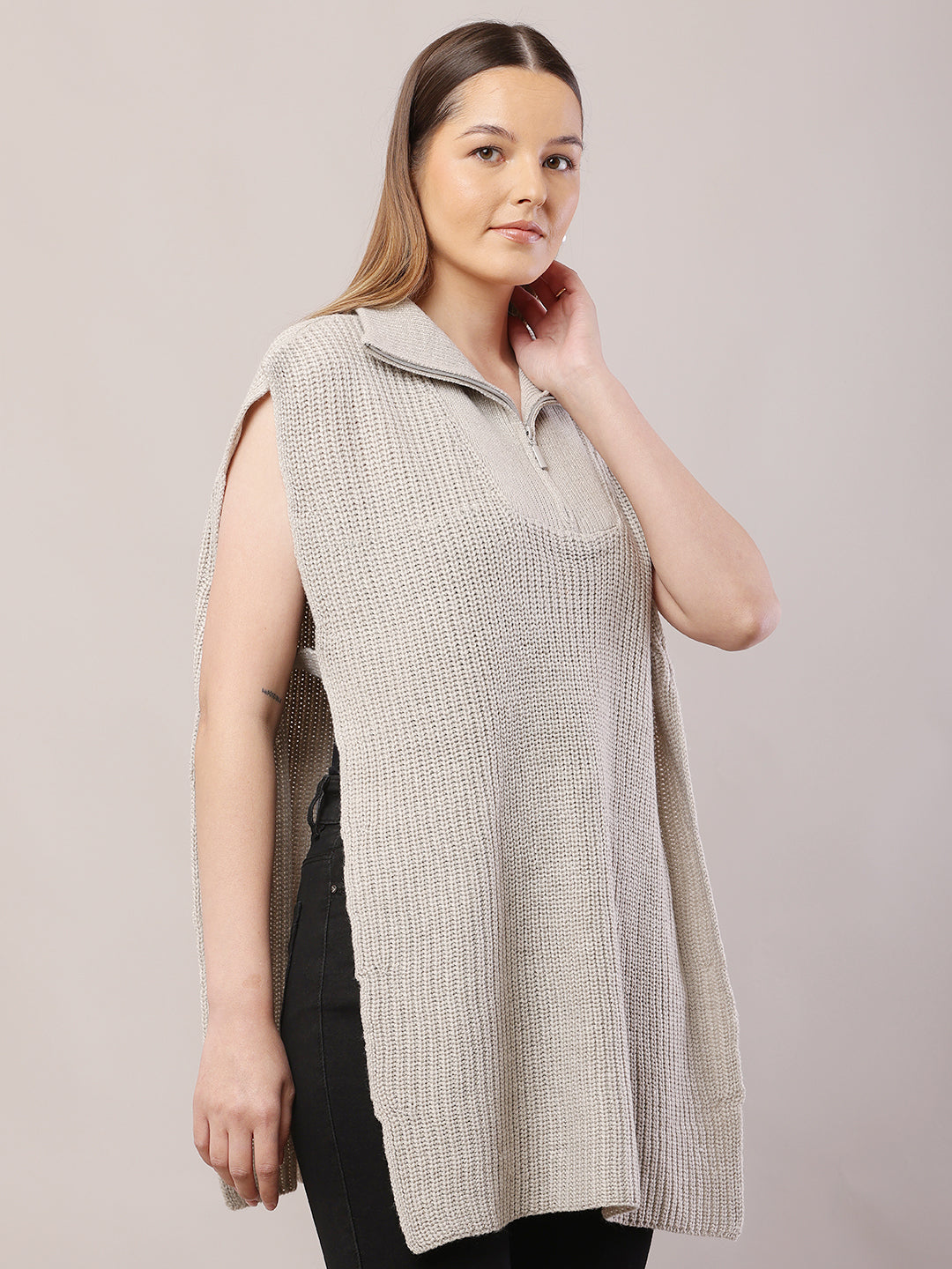 Acrylic Sleeveless with Shirt Collar loose-fitting Grey Sweater