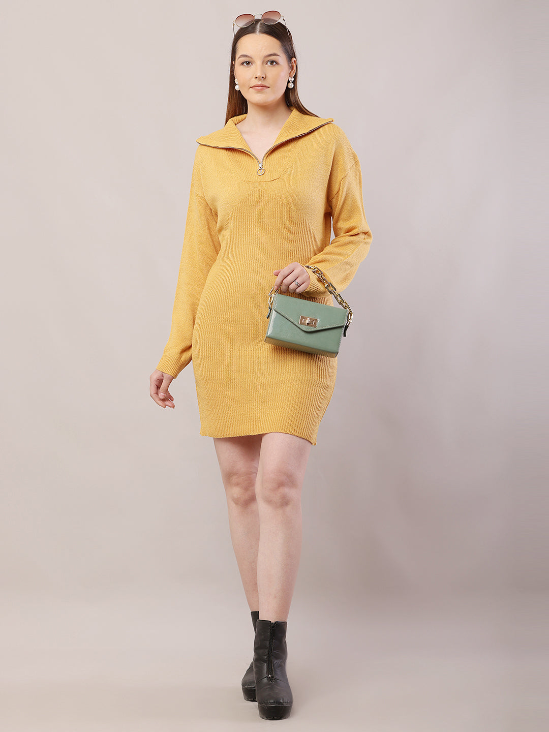 Acrylic Shirt Collar with Full Sleeve Mustard Sweater Dress