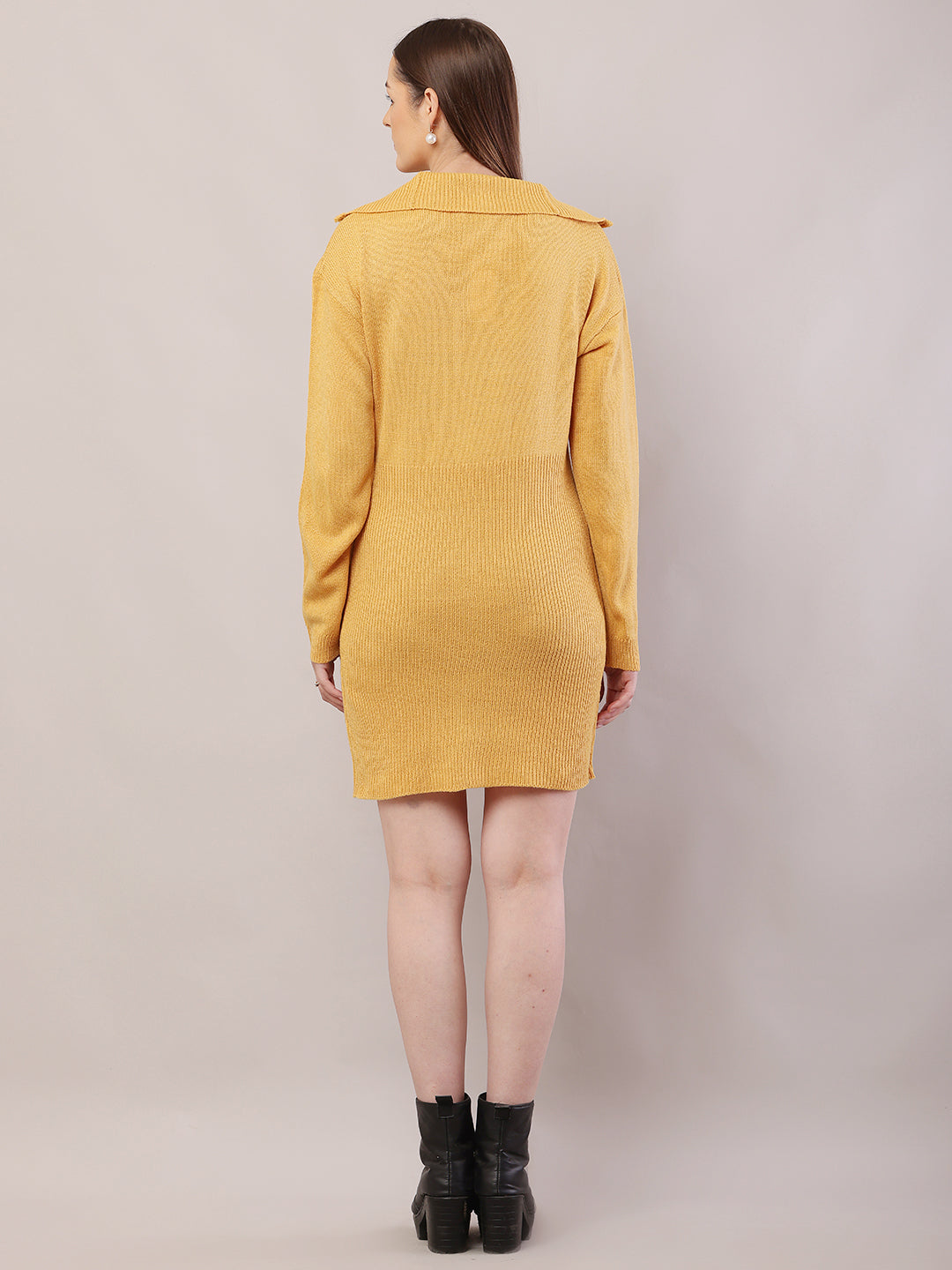 Acrylic Shirt Collar with Full Sleeve Mustard Sweater Dress