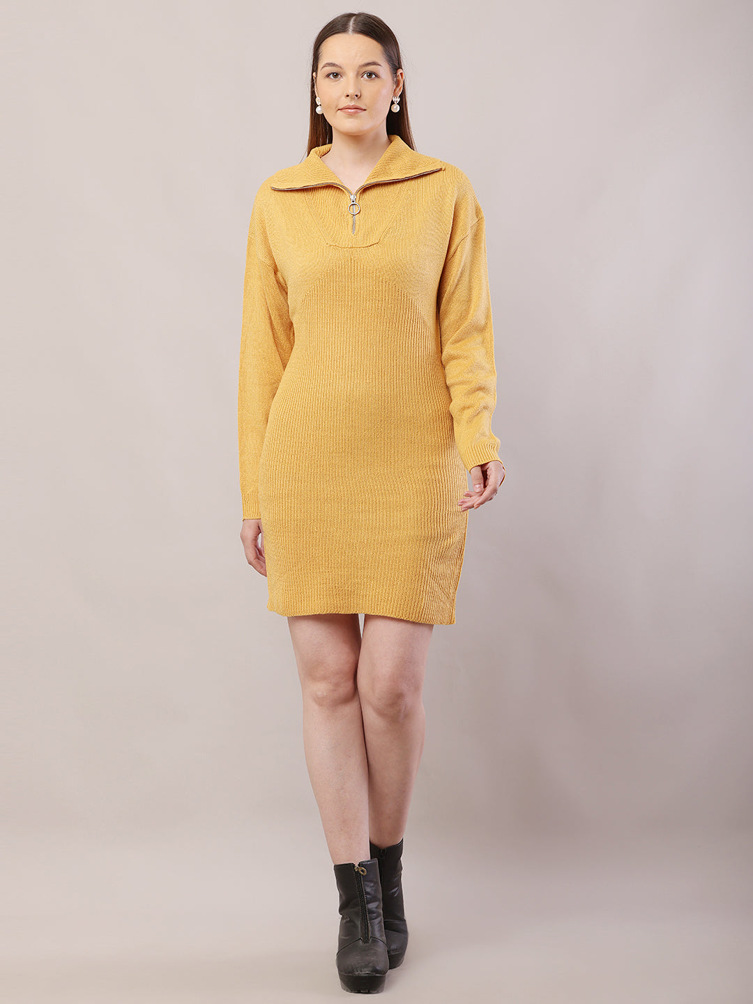 Acrylic Shirt Collar with Full Sleeve Mustard Sweater Dress