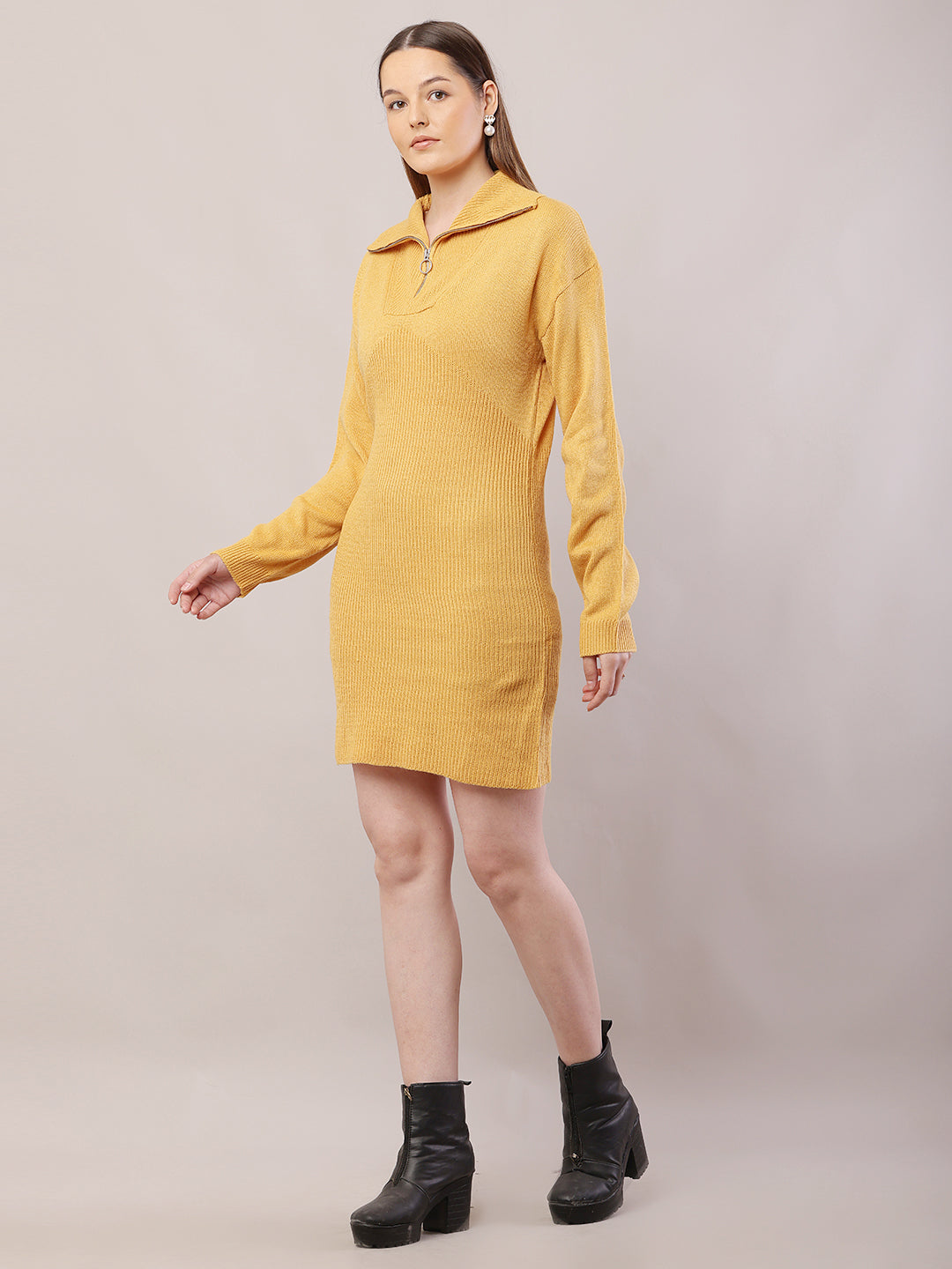 Acrylic Shirt Collar with Full Sleeve Mustard Sweater Dress