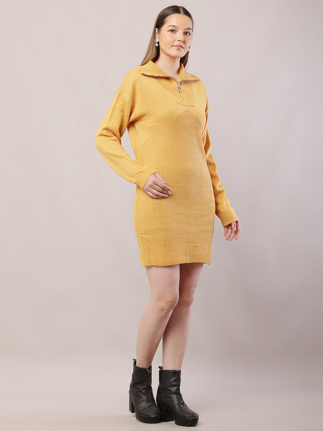 Acrylic Shirt Collar with Full Sleeve Mustard Sweater Dress