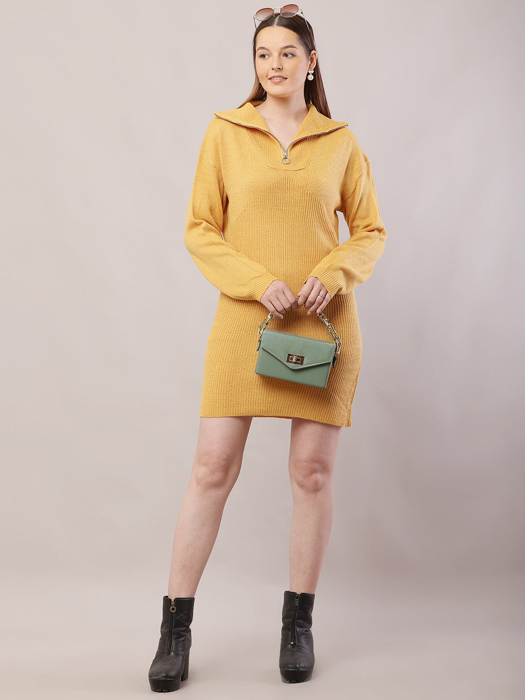Acrylic Shirt Collar with Full Sleeve Mustard Sweater Dress