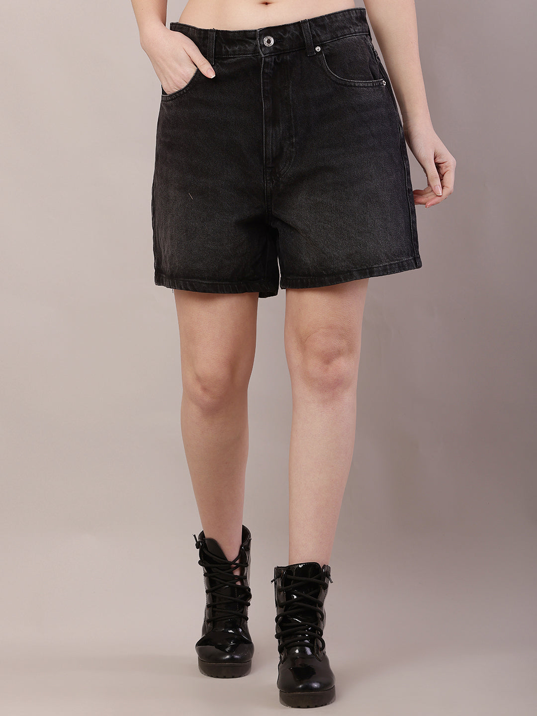 Cotton Solid with belt loops Black short