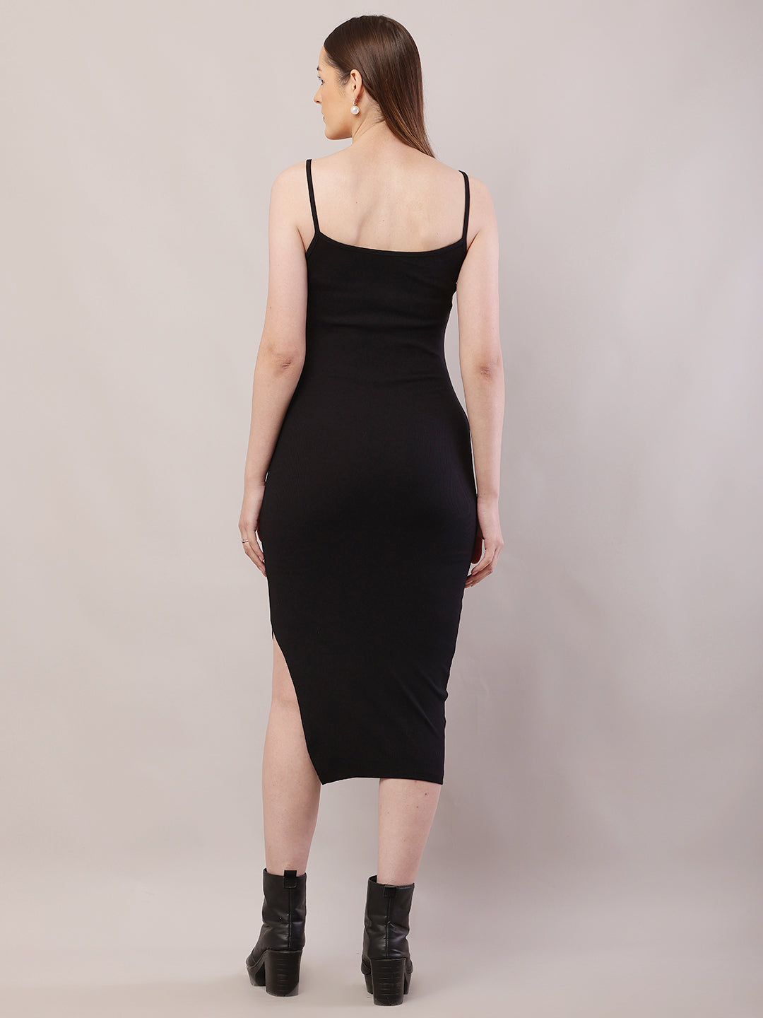 Viscose Sleeveless with Square Neck Black Shoulder Strap Bodycon Dress