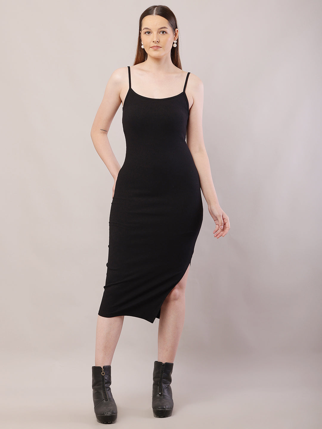 Viscose Sleeveless with Square Neck Black Shoulder Strap Bodycon Dress