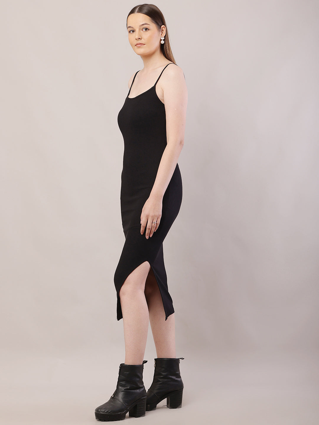 Viscose Sleeveless with Square Neck Black Shoulder Strap Bodycon Dress
