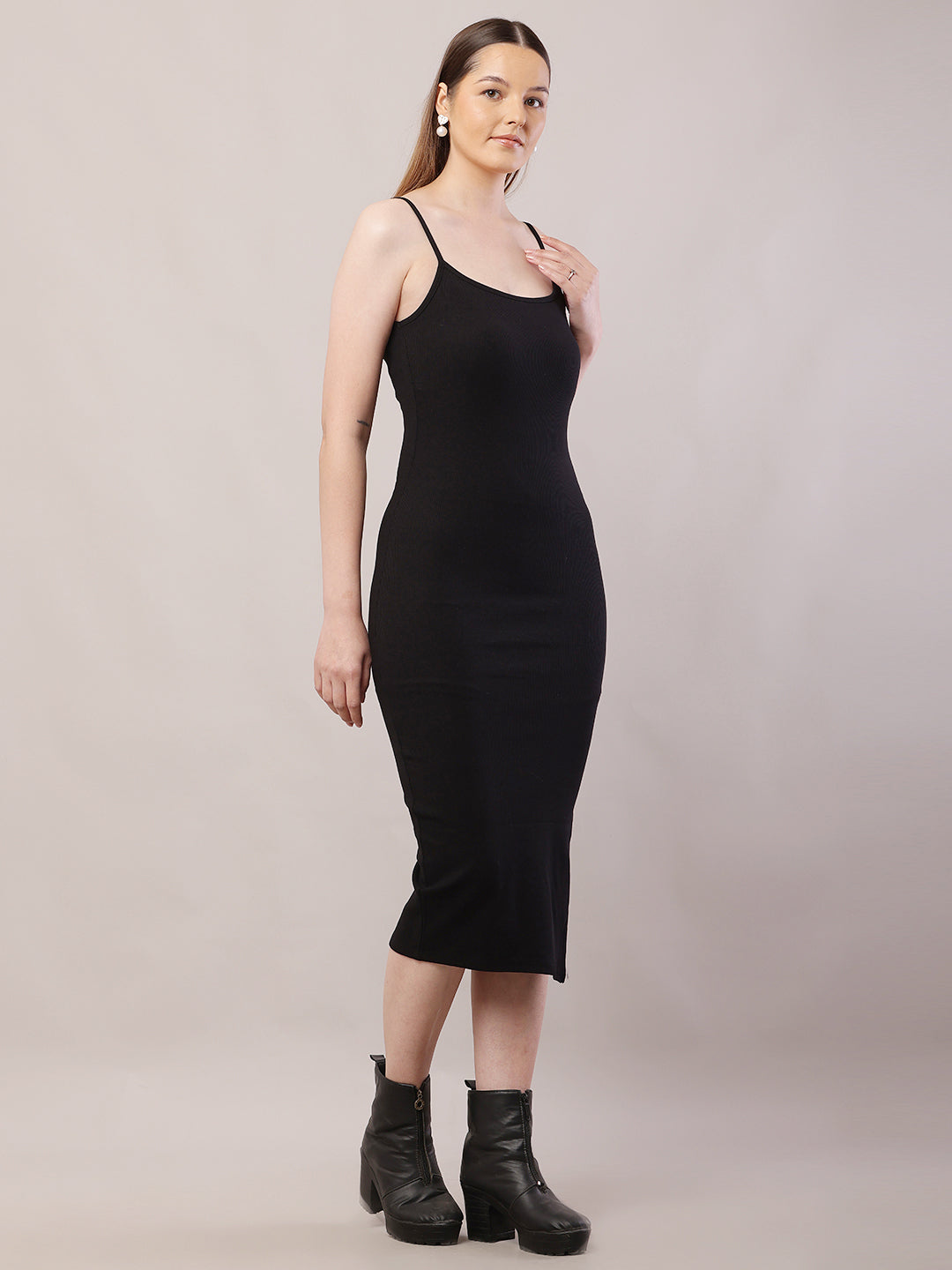 Viscose Sleeveless with Square Neck Black Shoulder Strap Bodycon Dress