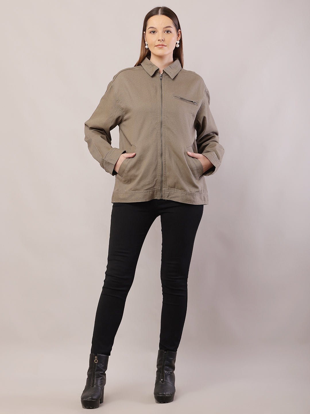 Cotton Full Sleeve with Shirt Collar Loose Style Dark Green Jacket