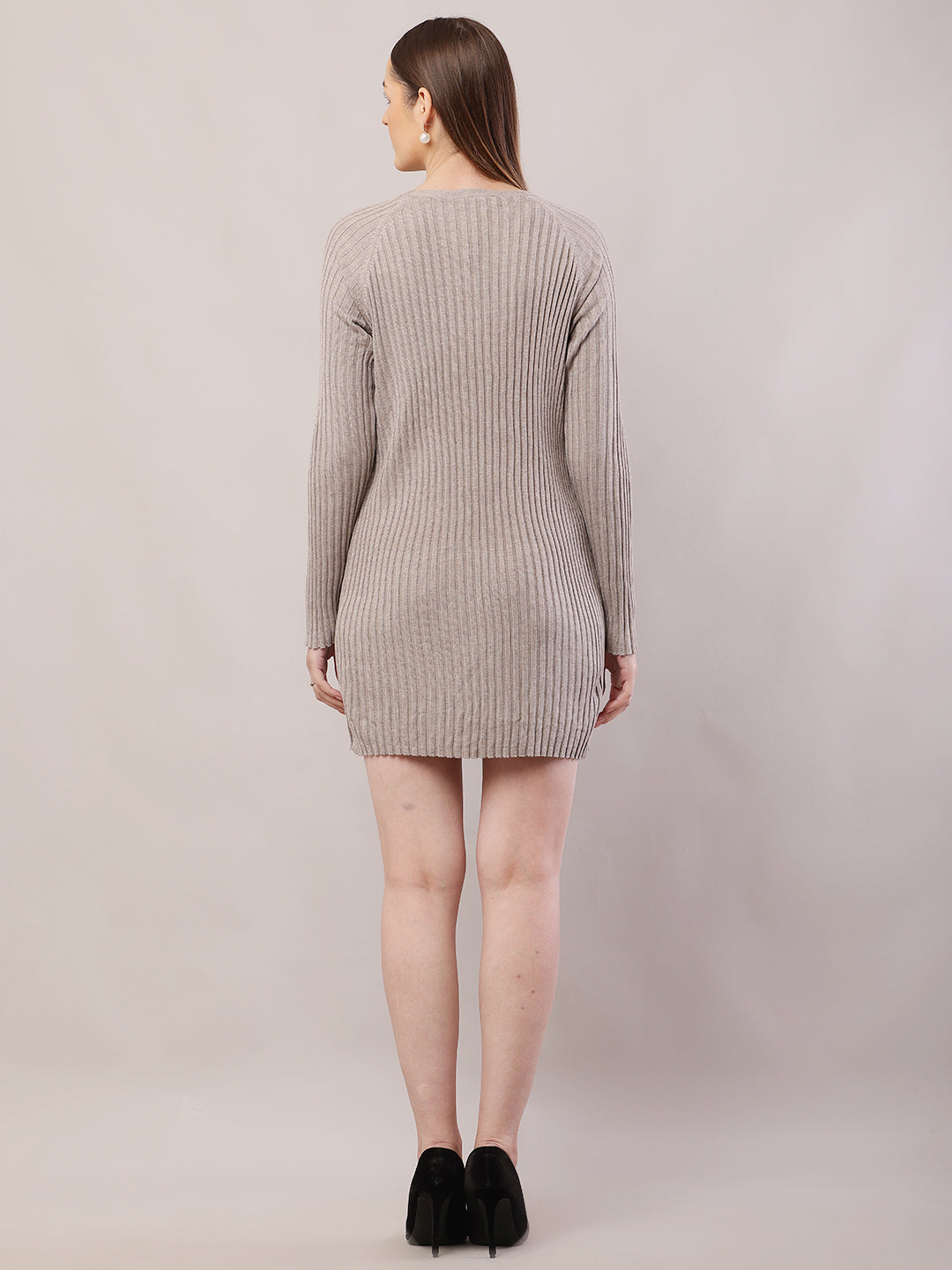 Polyester V-Neck with Full Sleeve Mini Light Brown Sheath Dress